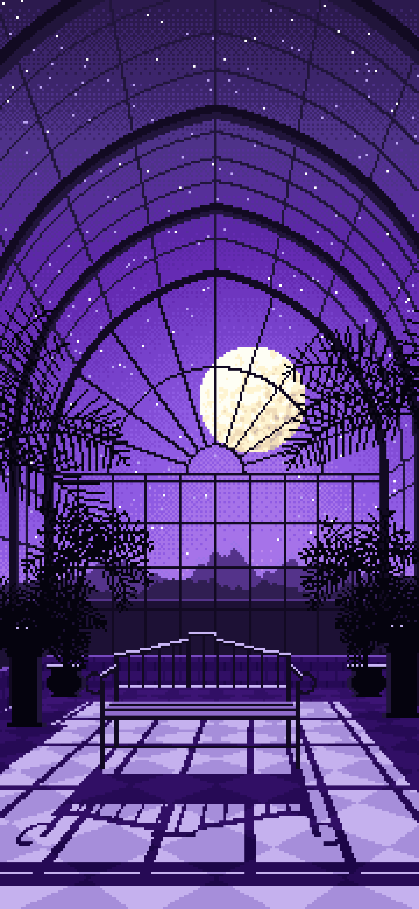 Purple Pixel Art Gothic Greenhouse at Night wallpaper for iPhone and Android