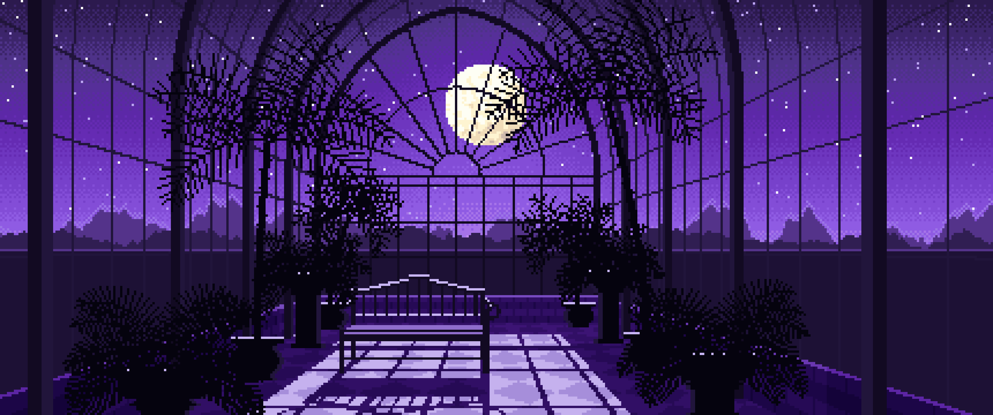 Purple Pixel Art Gothic Greenhouse at Night ultrawide wallpaper, 3440 × 1440