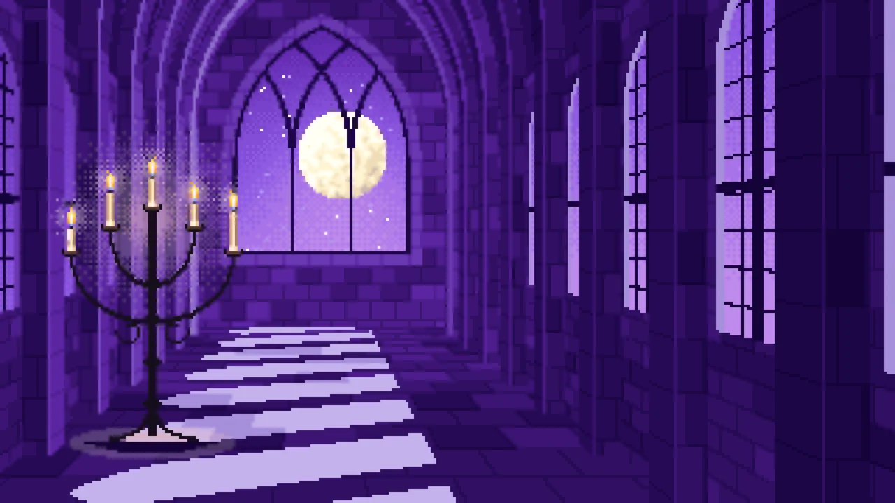Purple Pixel Art Gothic Hall by Moonlight desktop wallpaper in 4K