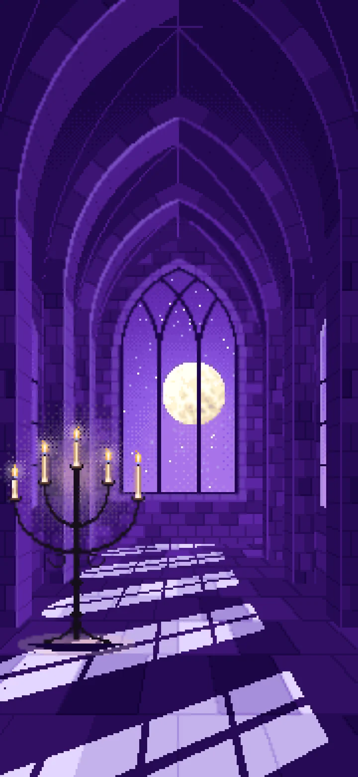 Purple Pixel Art Gothic Hall by Moonlight wallpaper for iPhone and Android