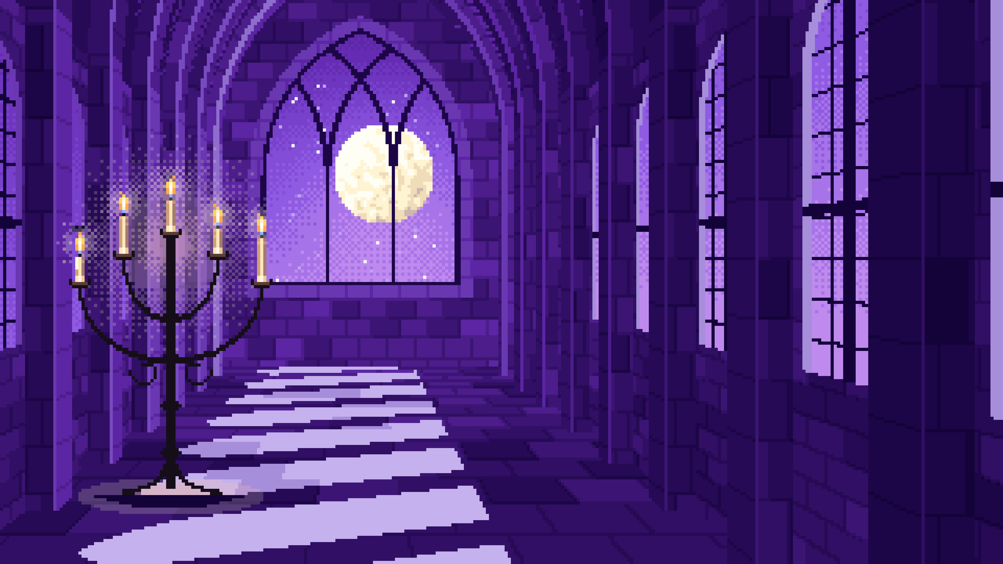 Purple Pixel Art Gothic Hall by Moonlight desktop wallpaper in 4K