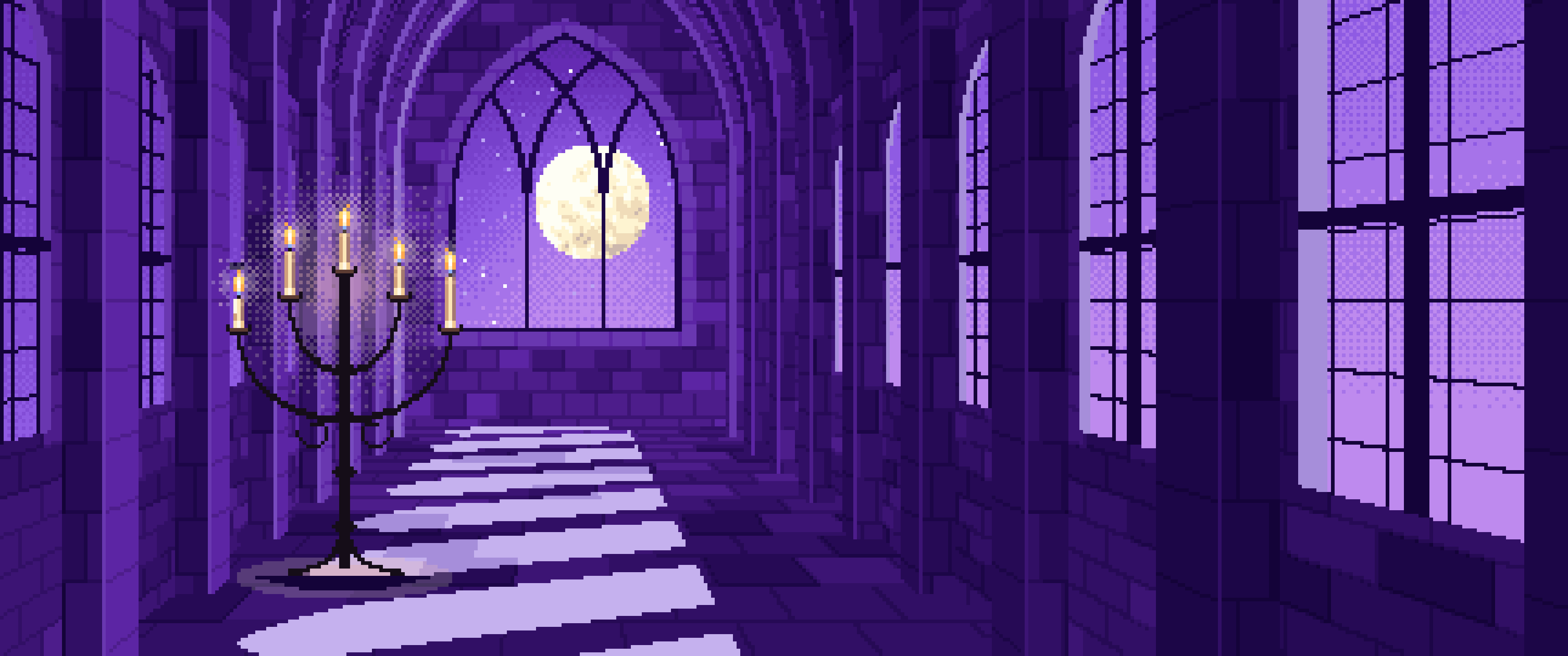 Purple Pixel Art Gothic Hall by Moonlight ultrawide wallpaper, 3440 × 1440