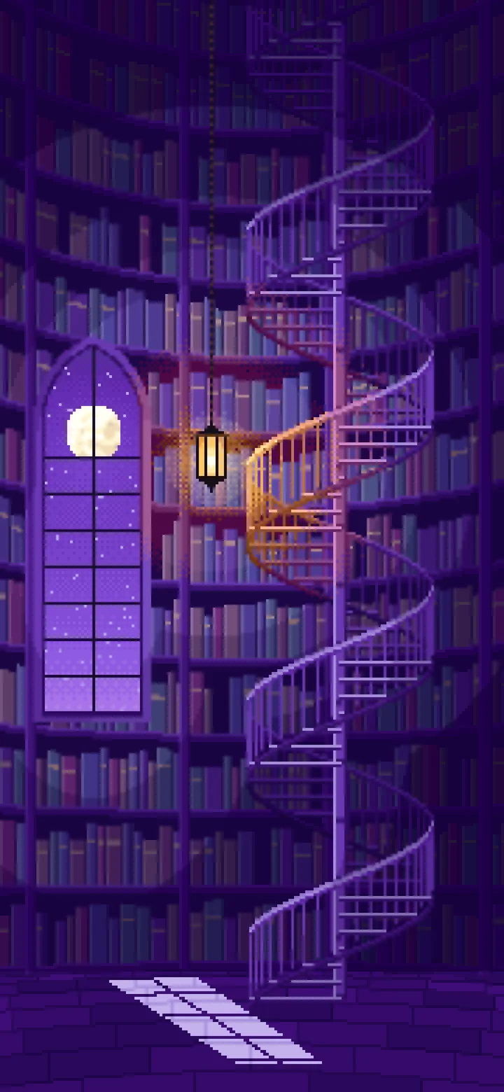 Purple Pixel Art Gothic Library Staircase wallpaper for iPhone and Android