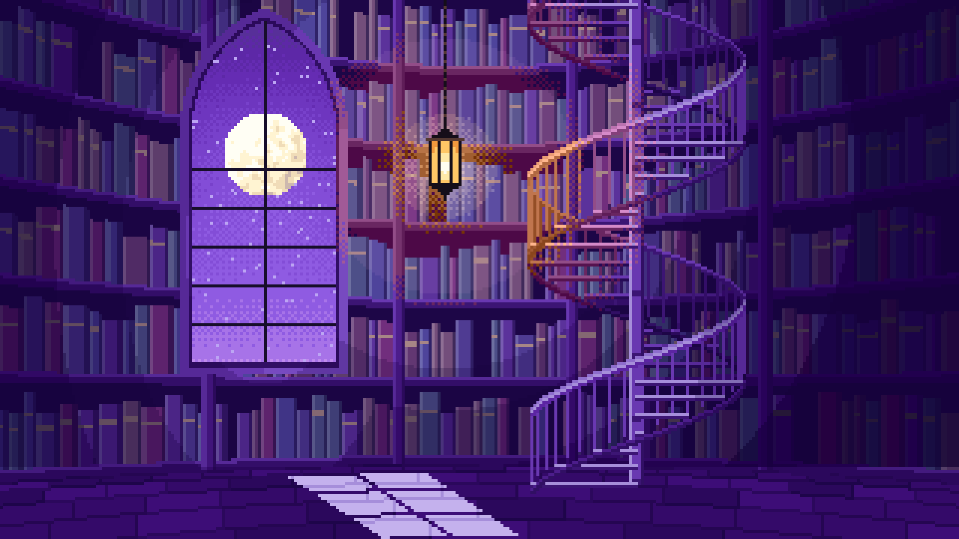 Purple Pixel Art Gothic Library Staircase desktop wallpaper in 4K