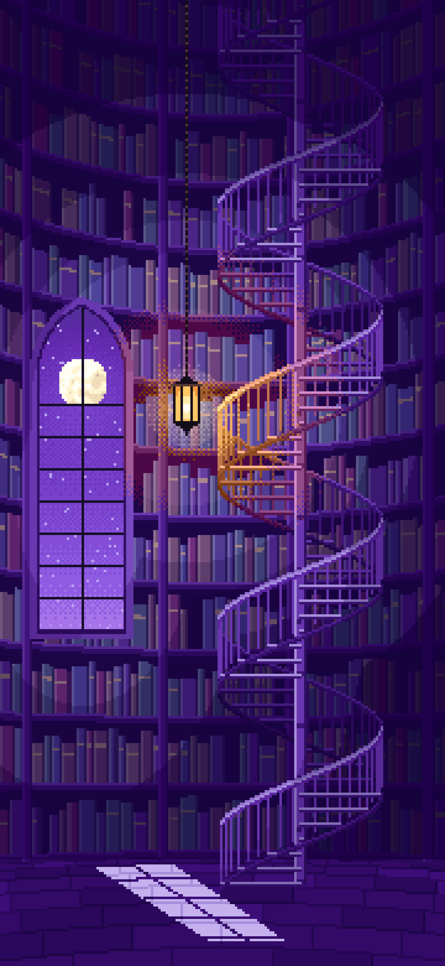 Purple Pixel Art Gothic Library Staircase wallpaper for iPhone and Android