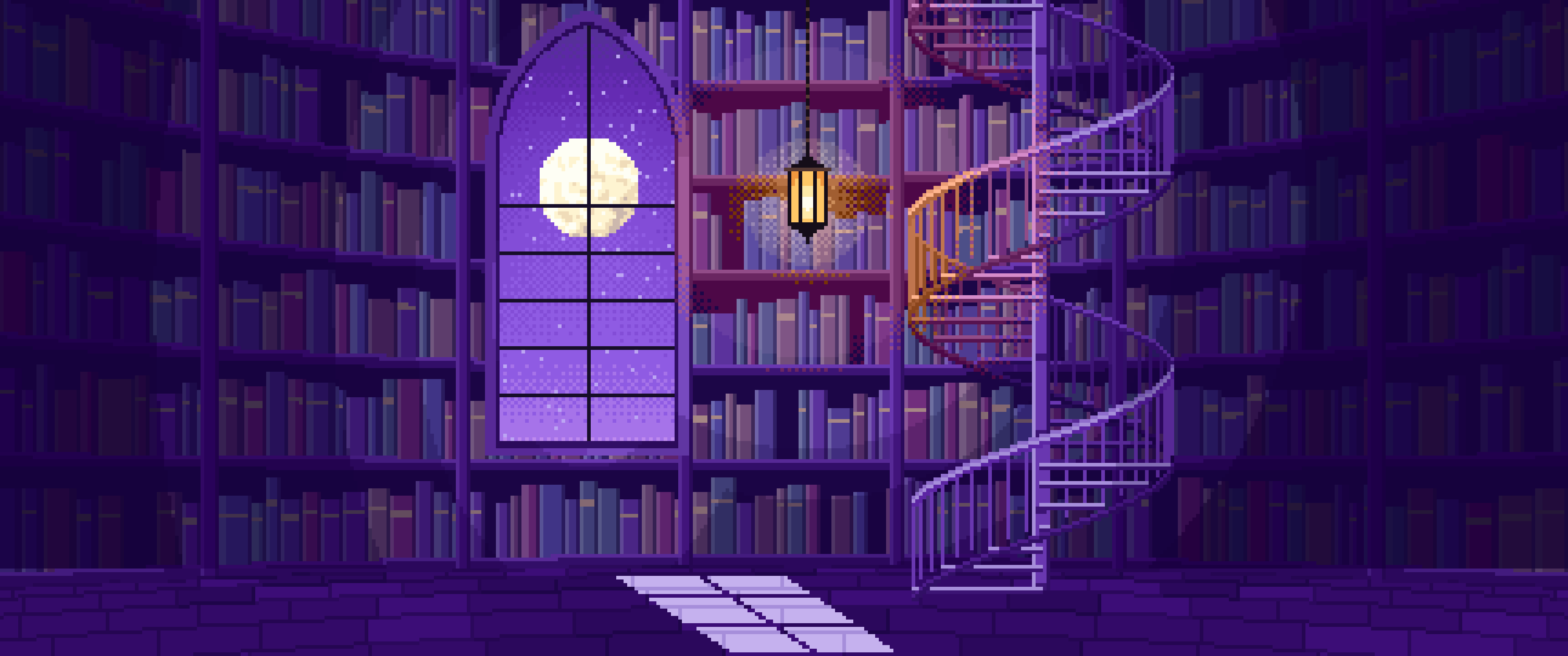 Purple Pixel Art Gothic Library Staircase ultrawide wallpaper, 3440 × 1440