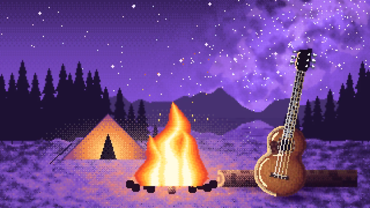 Purple Pixel Art Guitar by a Campfire desktop wallpaper in 4K