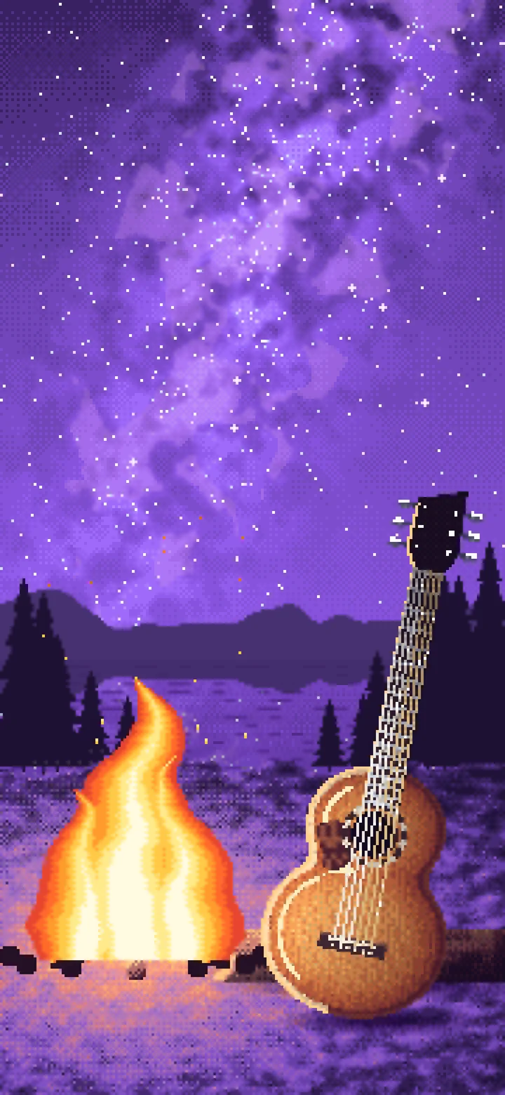 Purple Pixel Art Guitar by a Campfire wallpaper for iPhone and Android