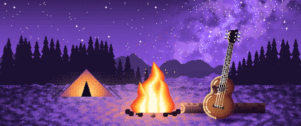 Purple Pixel Art Guitar by a Campfire ultrawide wallpaper, 3440 × 1440