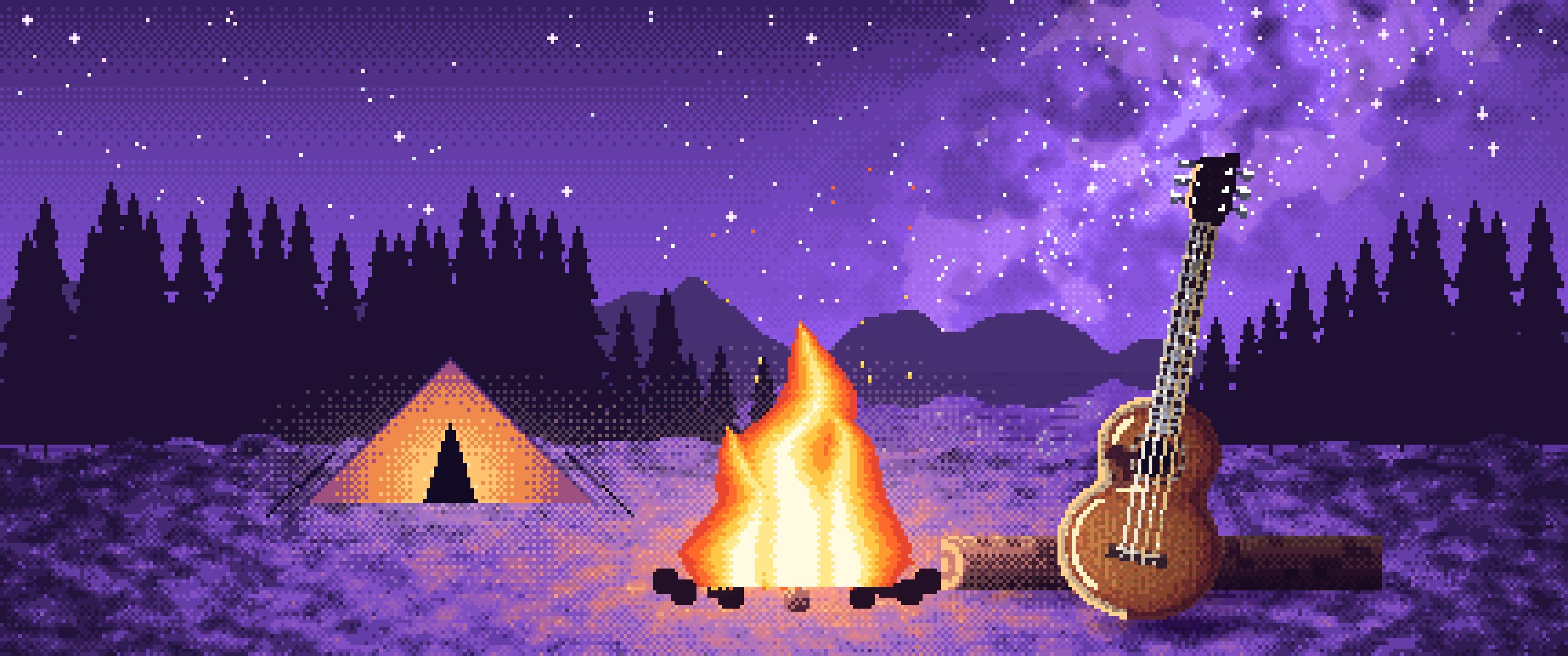 Purple Pixel Art Guitar by a Campfire ultrawide wallpaper, 3440 × 1440