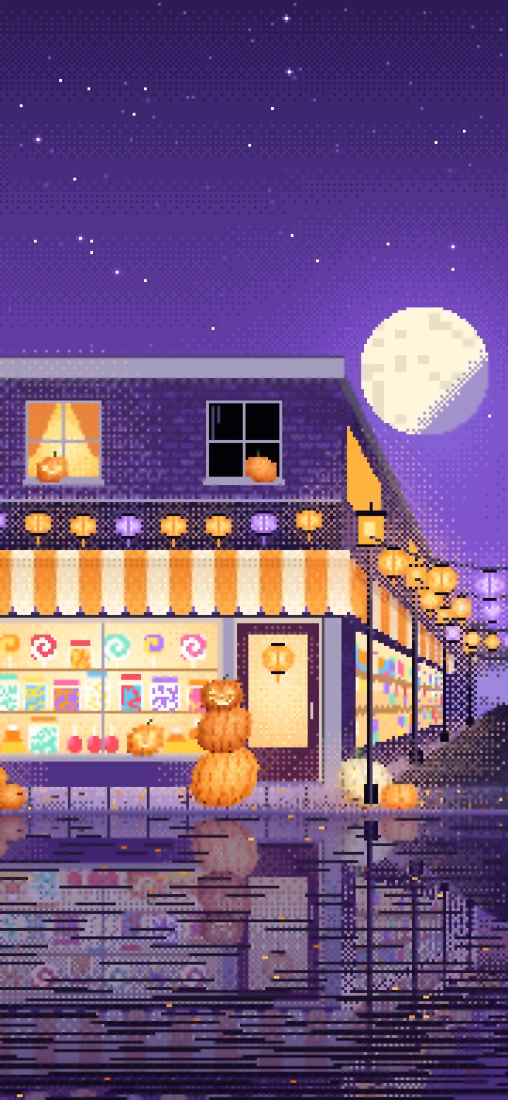 Purple Pixel Art Halloween Candy Shop at Night wallpaper for iPhone and Android