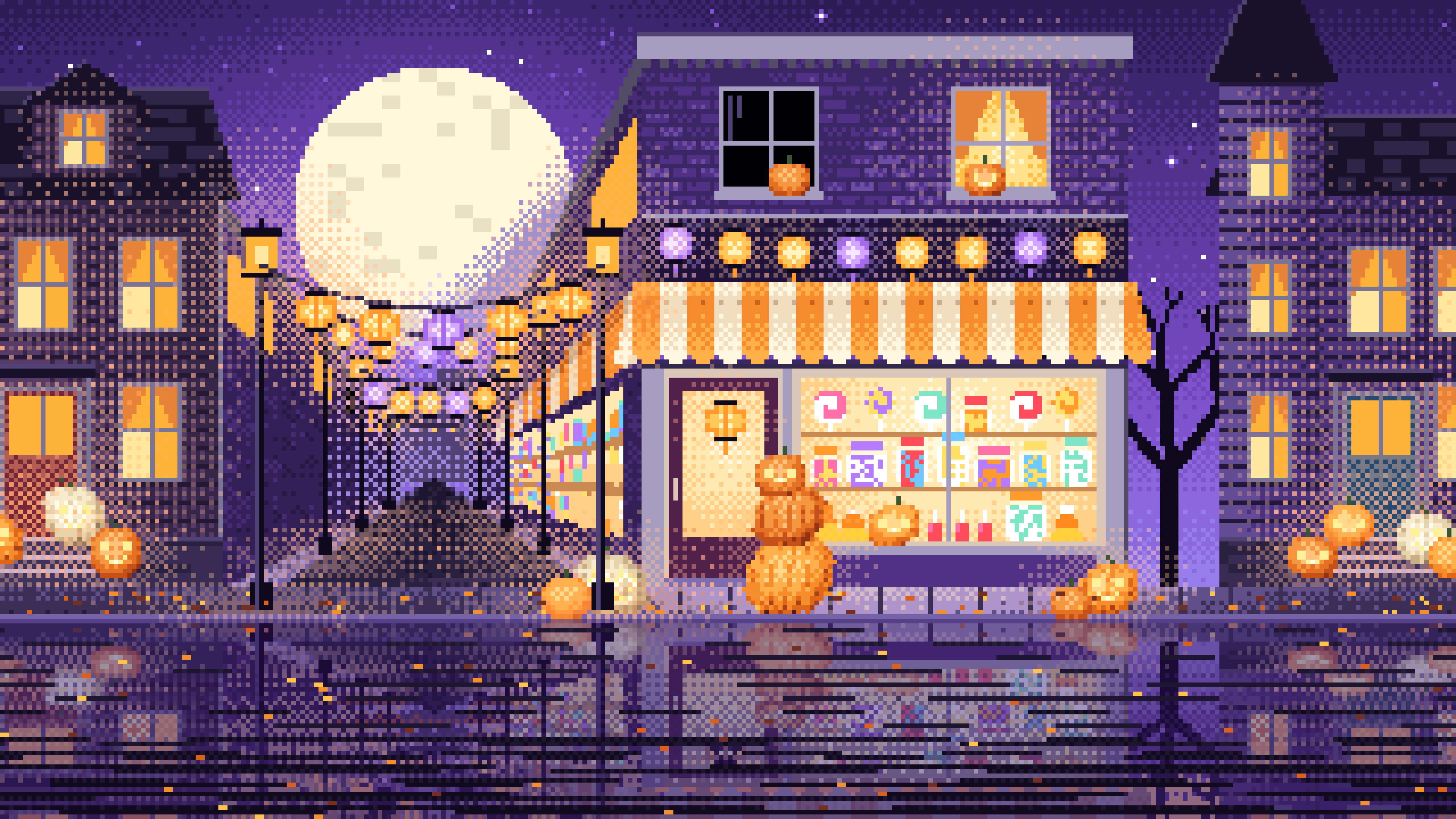 Purple Pixel Art Halloween Candy Shop at Night desktop wallpaper in 4K