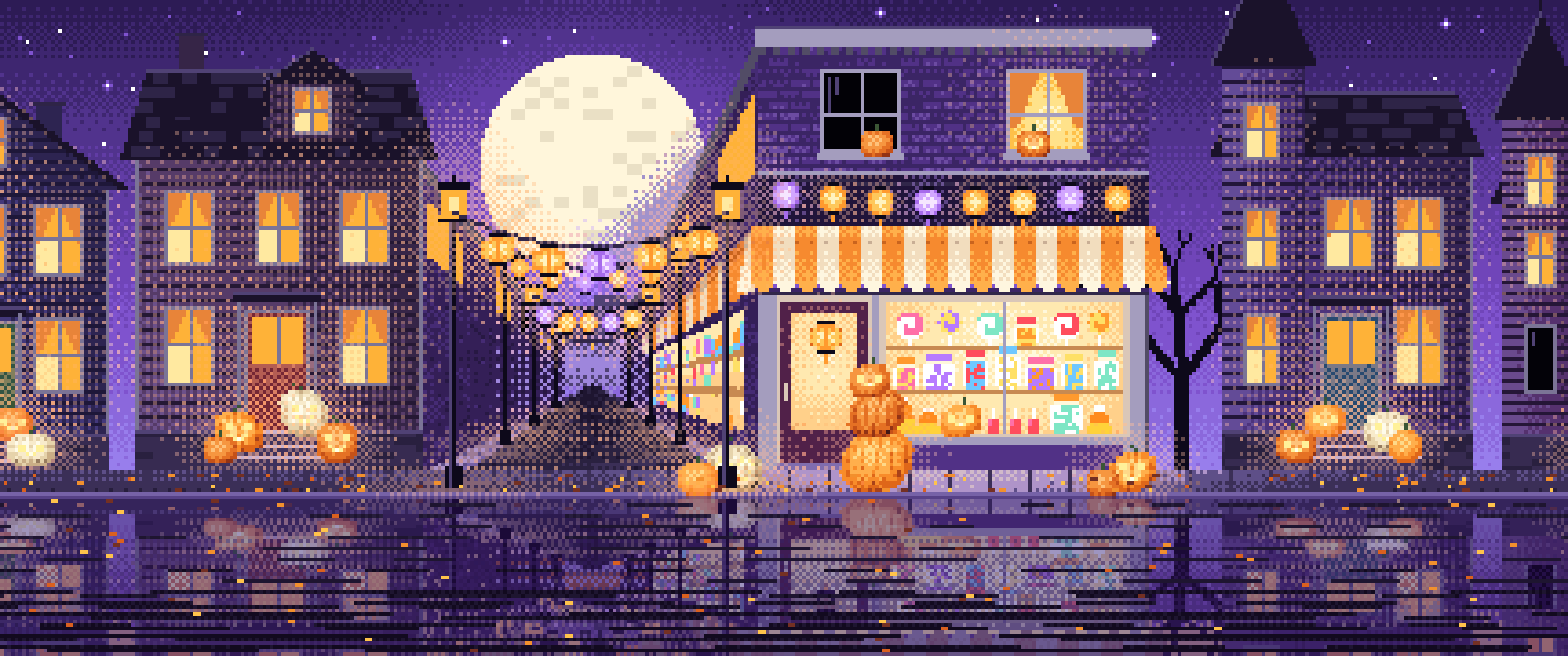 Purple Pixel Art Halloween Candy Shop at Night ultrawide wallpaper, 3440 × 1440