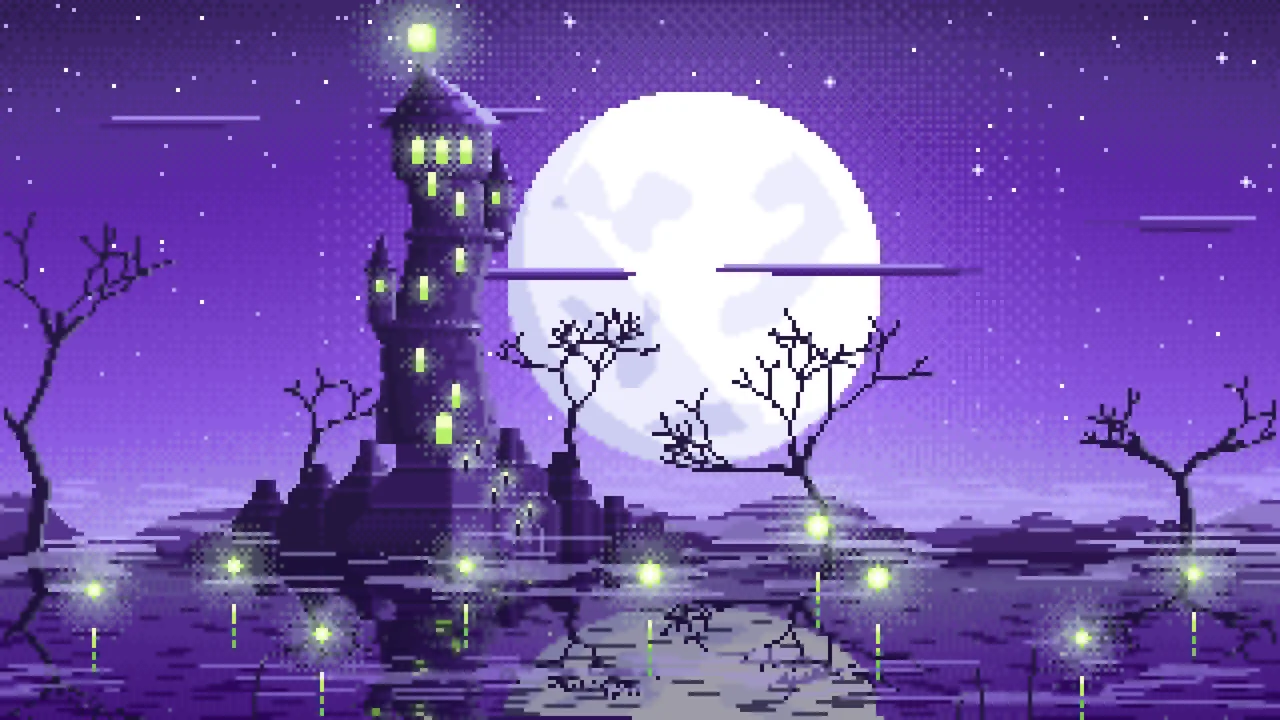 Purple Pixel Art Halloween Fantasy Castle in a Swamp desktop wallpaper in 4K