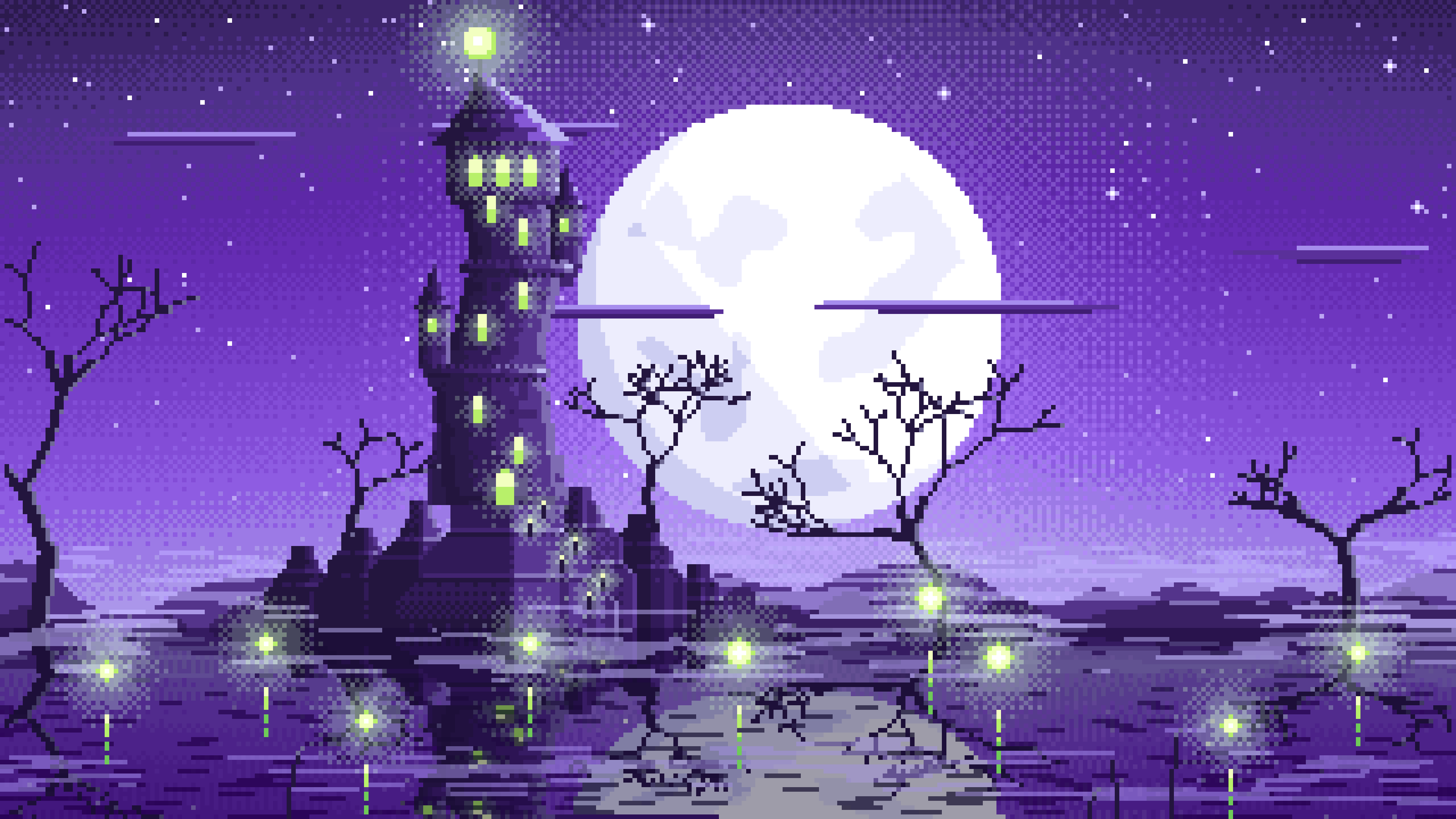Purple Pixel Art Halloween Fantasy Castle in a Swamp desktop wallpaper in 4K