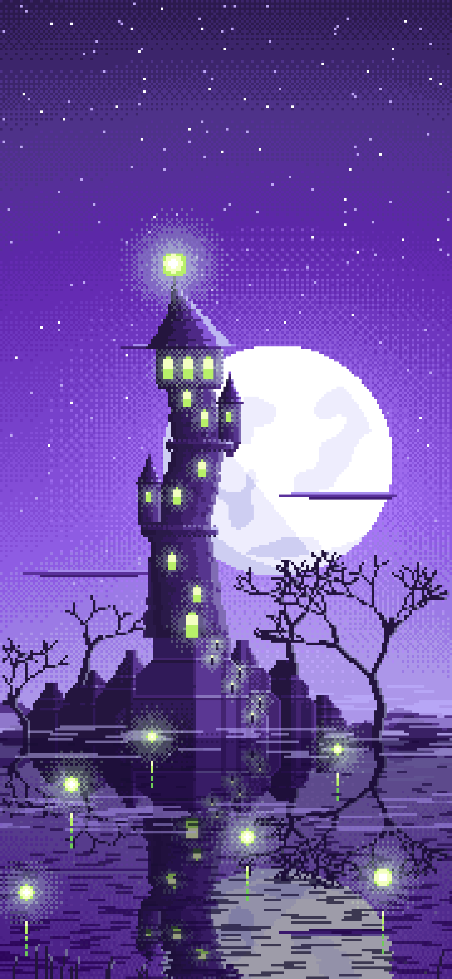 Purple Pixel Art Halloween Fantasy Castle in a Swamp wallpaper for iPhone and Android
