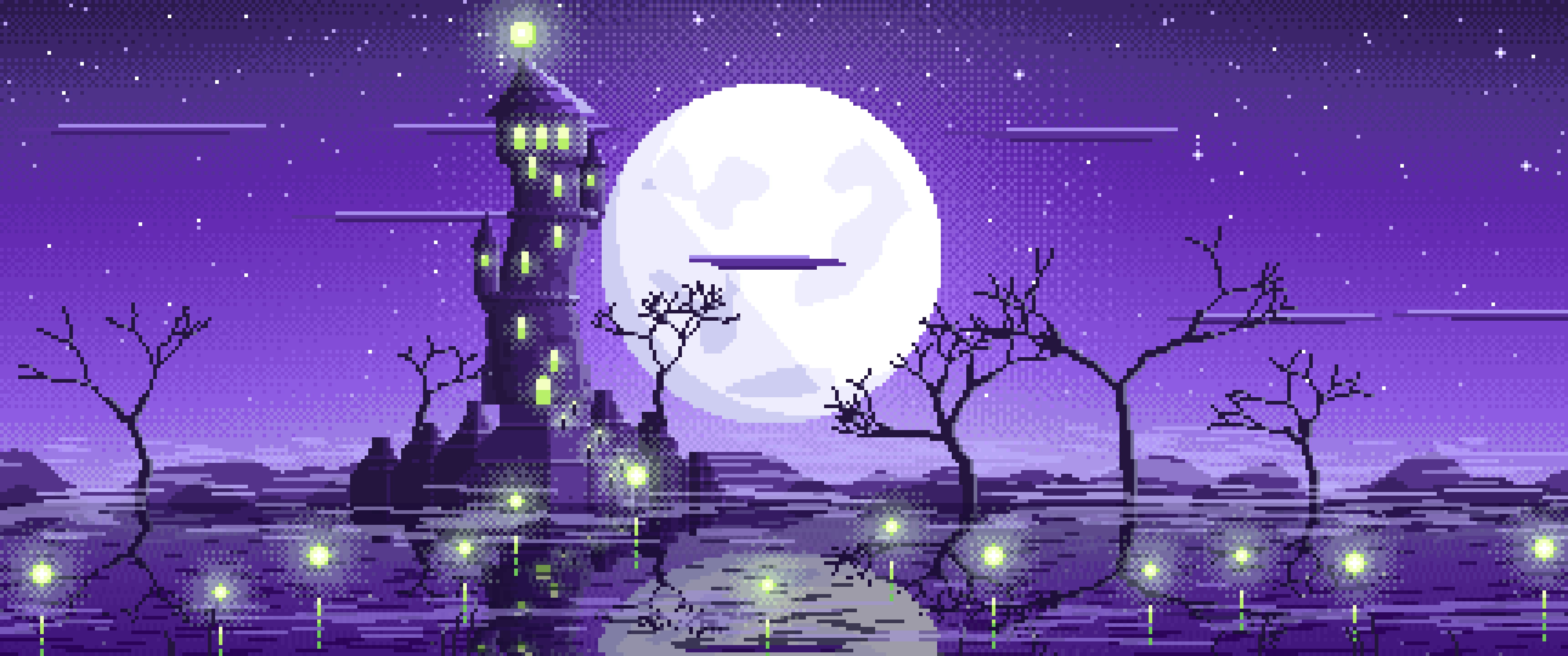 Purple Pixel Art Halloween Fantasy Castle in a Swamp ultrawide wallpaper, 3440 × 1440