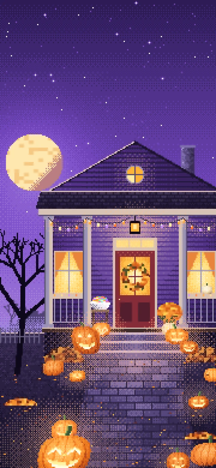 Purple Pixel Art Halloween Front Porch at Night wallpaper for iPhone and Android