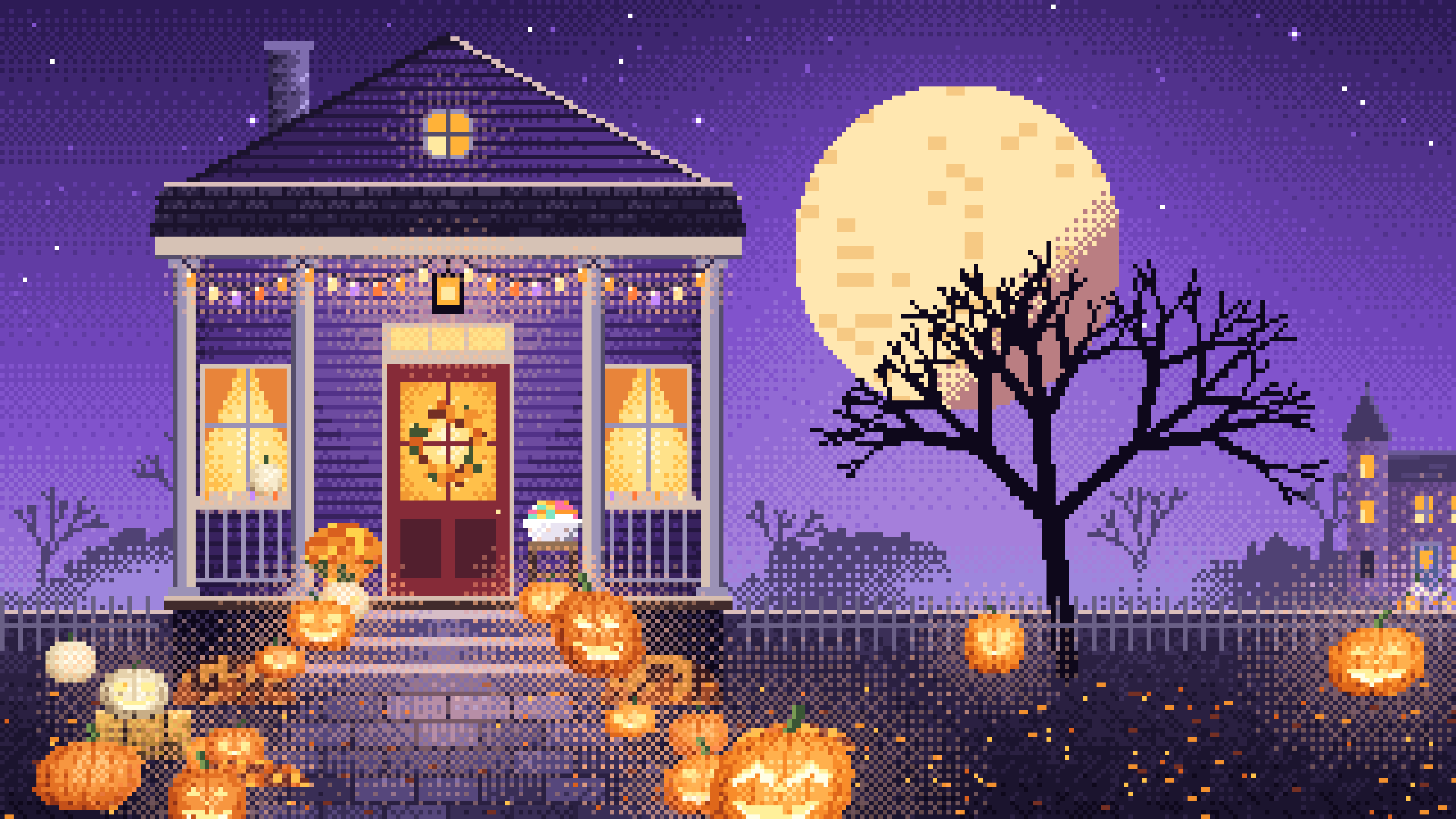 Purple Pixel Art Halloween Front Porch at Night desktop wallpaper in 4K