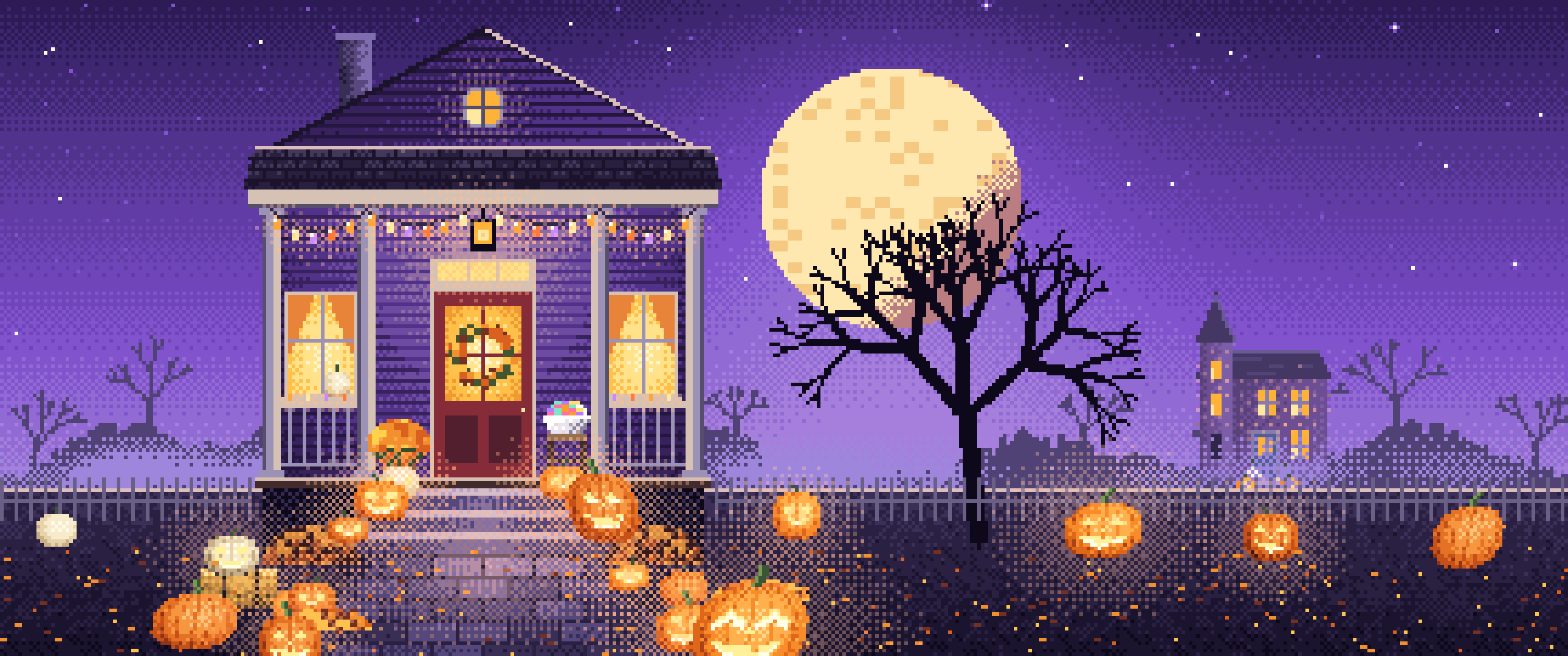 Purple Pixel Art Halloween Front Porch at Night ultrawide wallpaper, 3440 × 1440