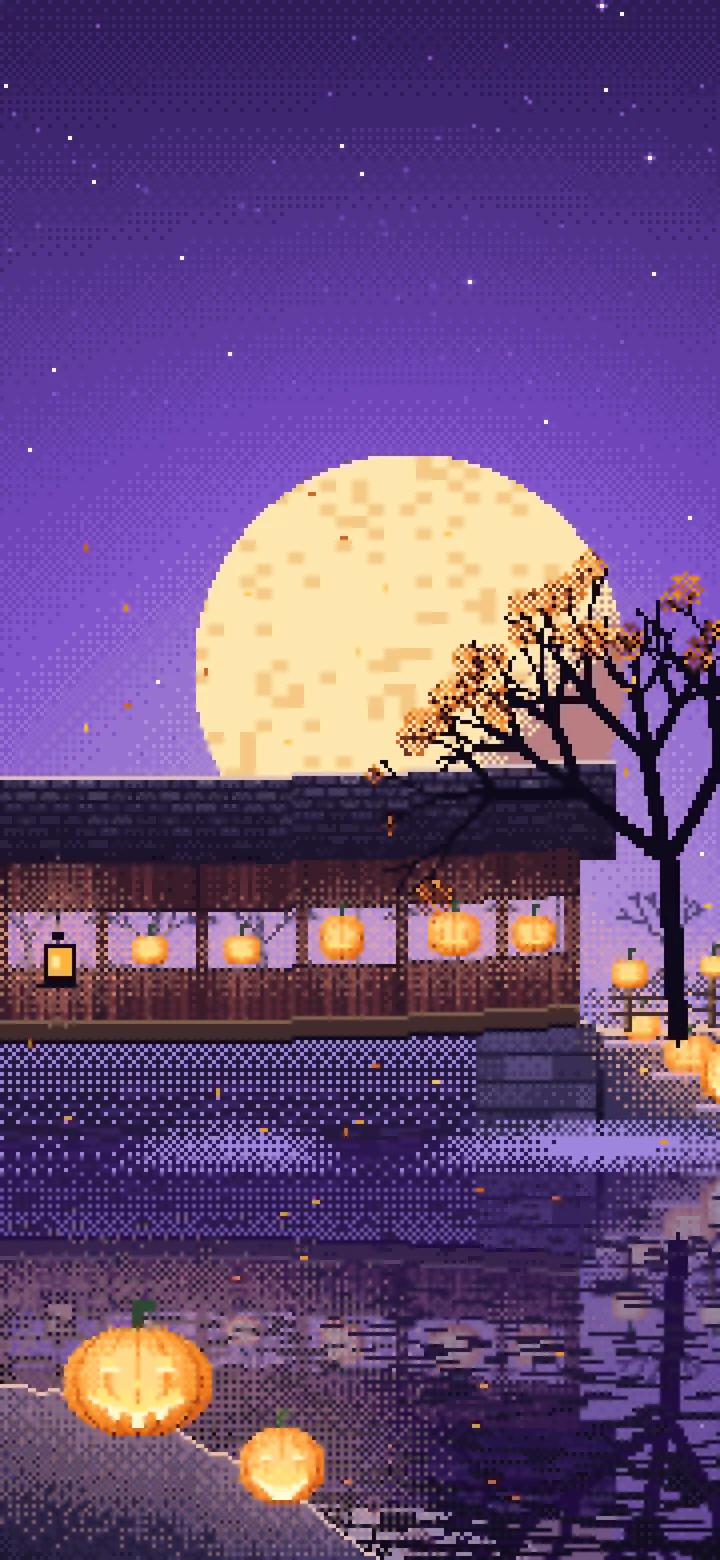 Purple Pixel Art Halloween Pumpkin Bridge at Night wallpaper for iPhone and Android
