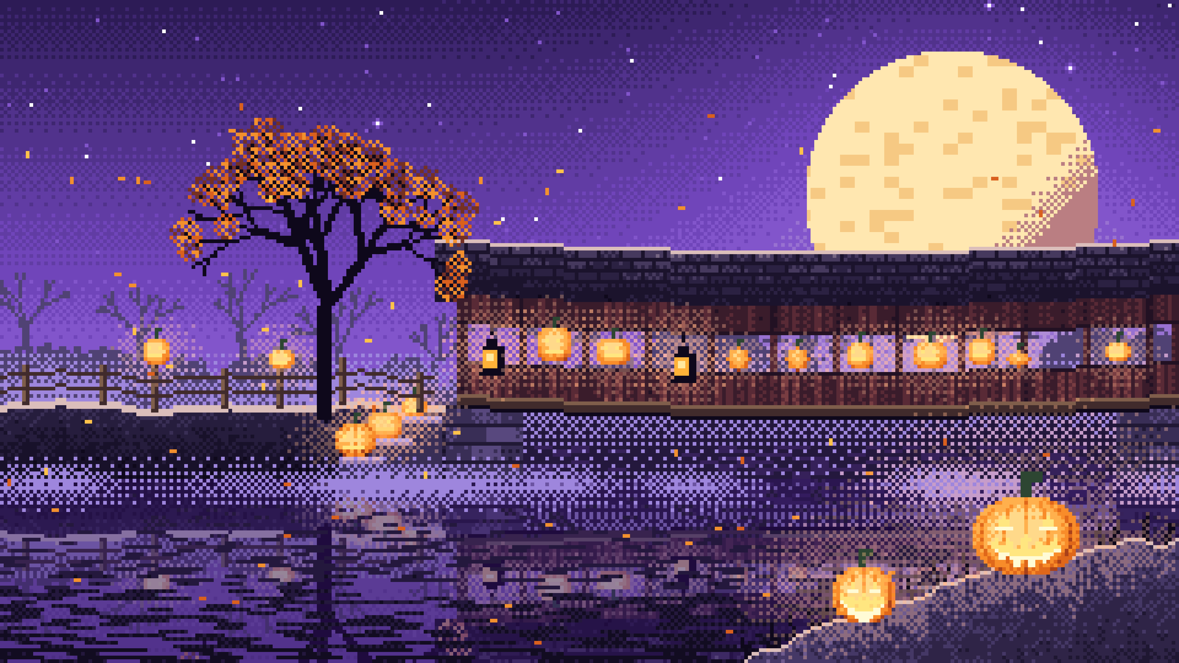 Purple Pixel Art Halloween Pumpkin Bridge at Night desktop wallpaper in 4K