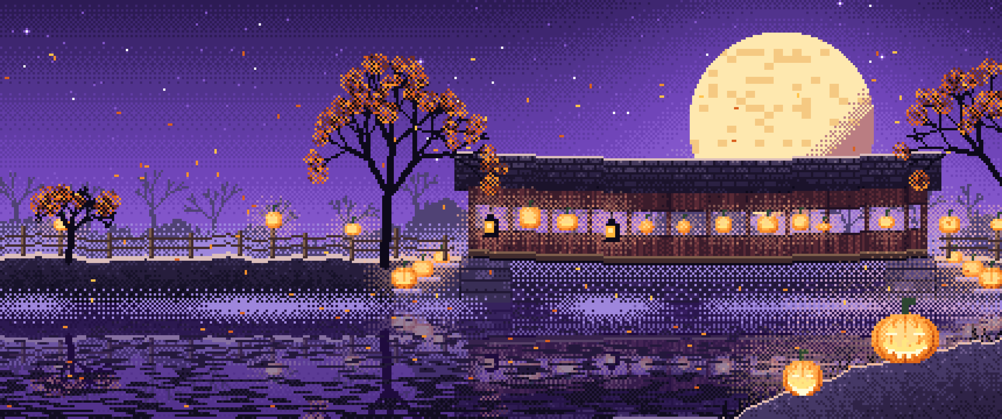 Purple Pixel Art Halloween Pumpkin Bridge at Night ultrawide wallpaper, 3440 × 1440