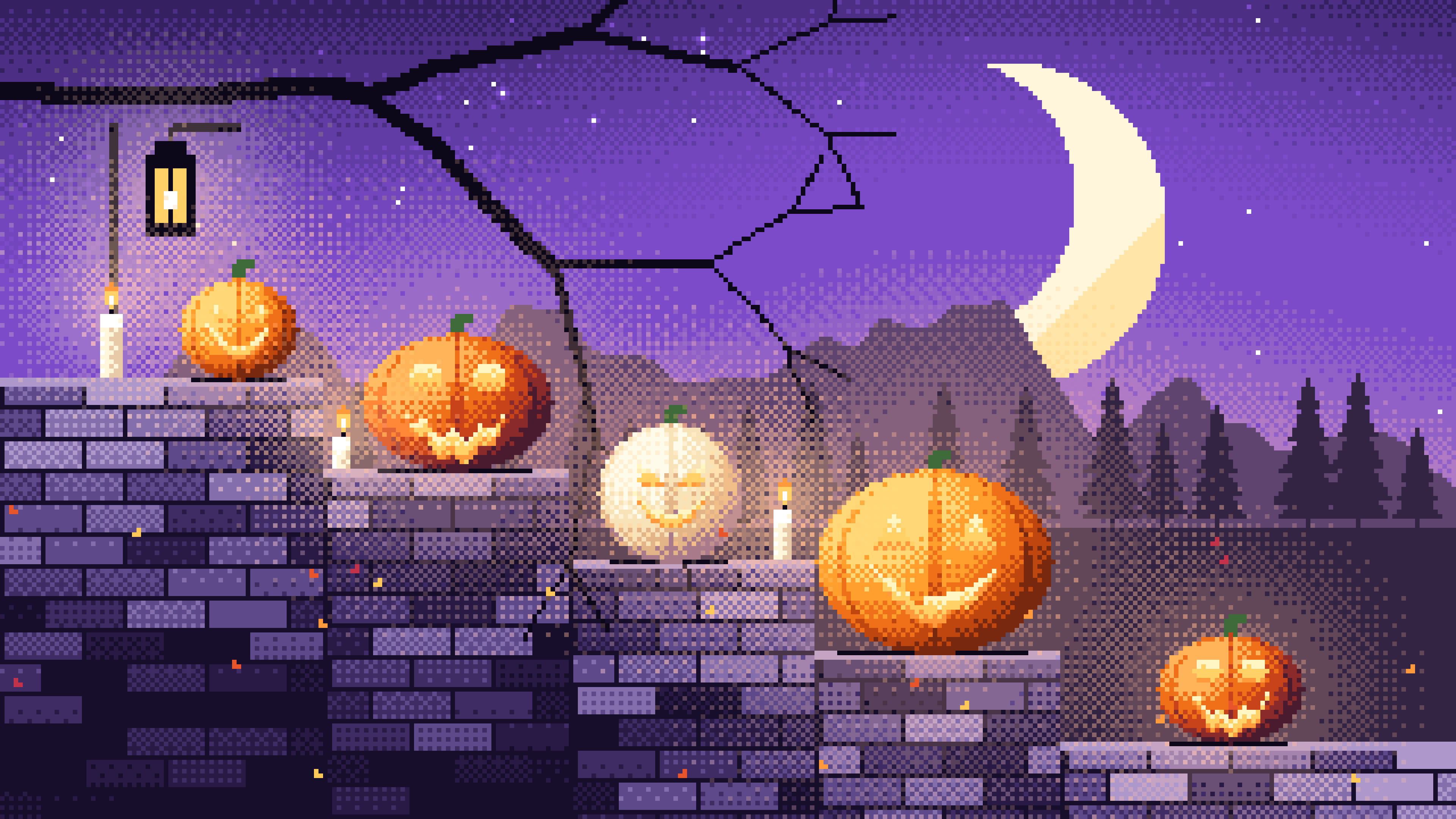 Purple Pixel Art Halloween Steps desktop wallpaper in 4K