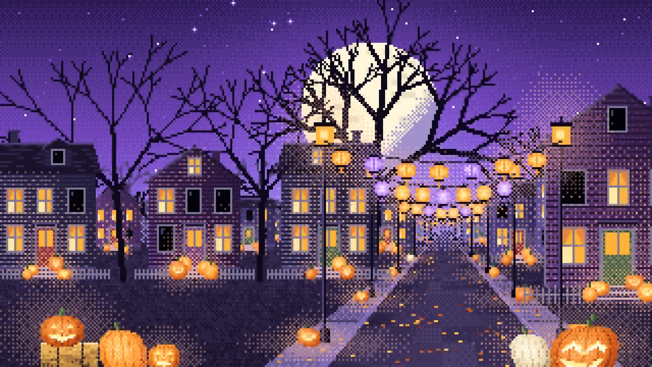 Purple Pixel Art Halloween Town Street at Night desktop wallpaper in 4K