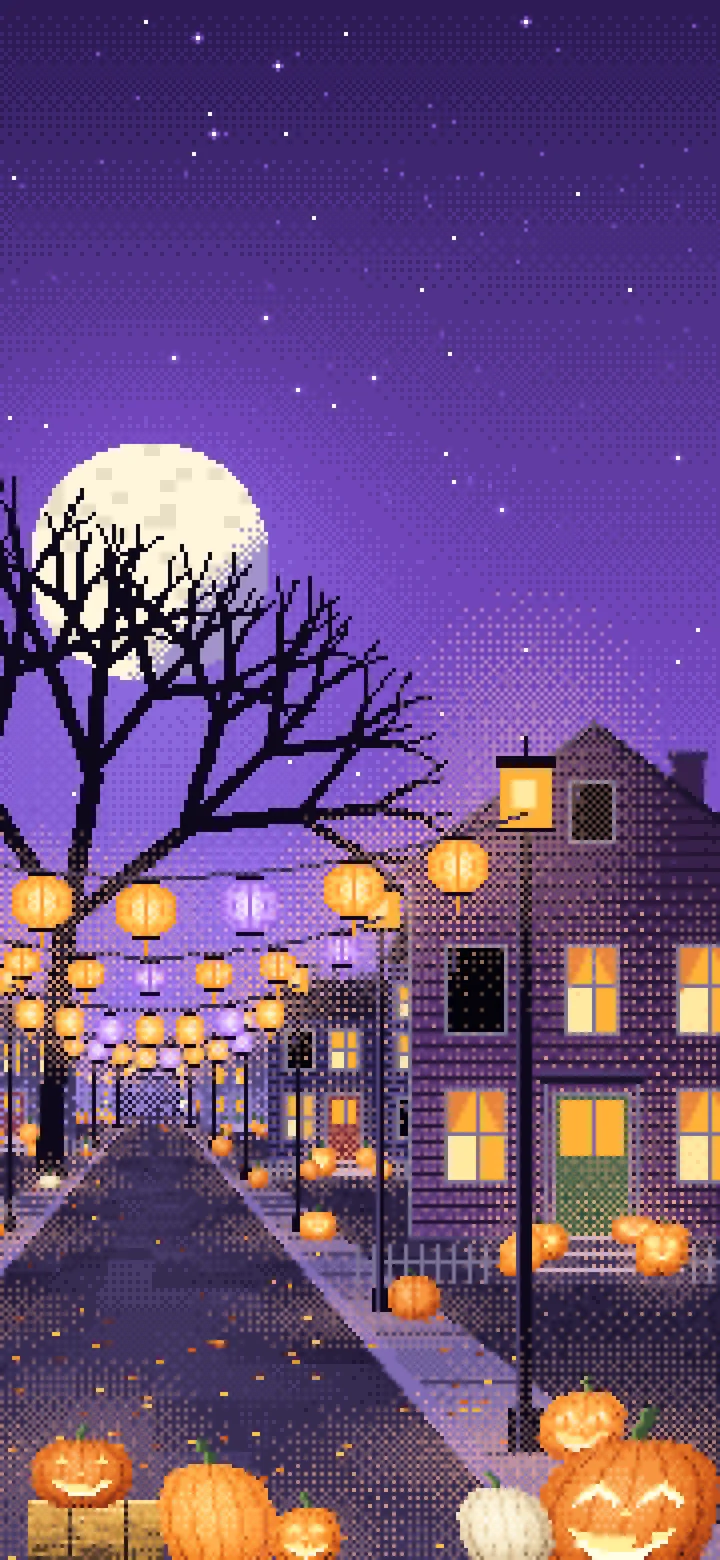 Purple Pixel Art Halloween Town Street at Night wallpaper for iPhone and Android