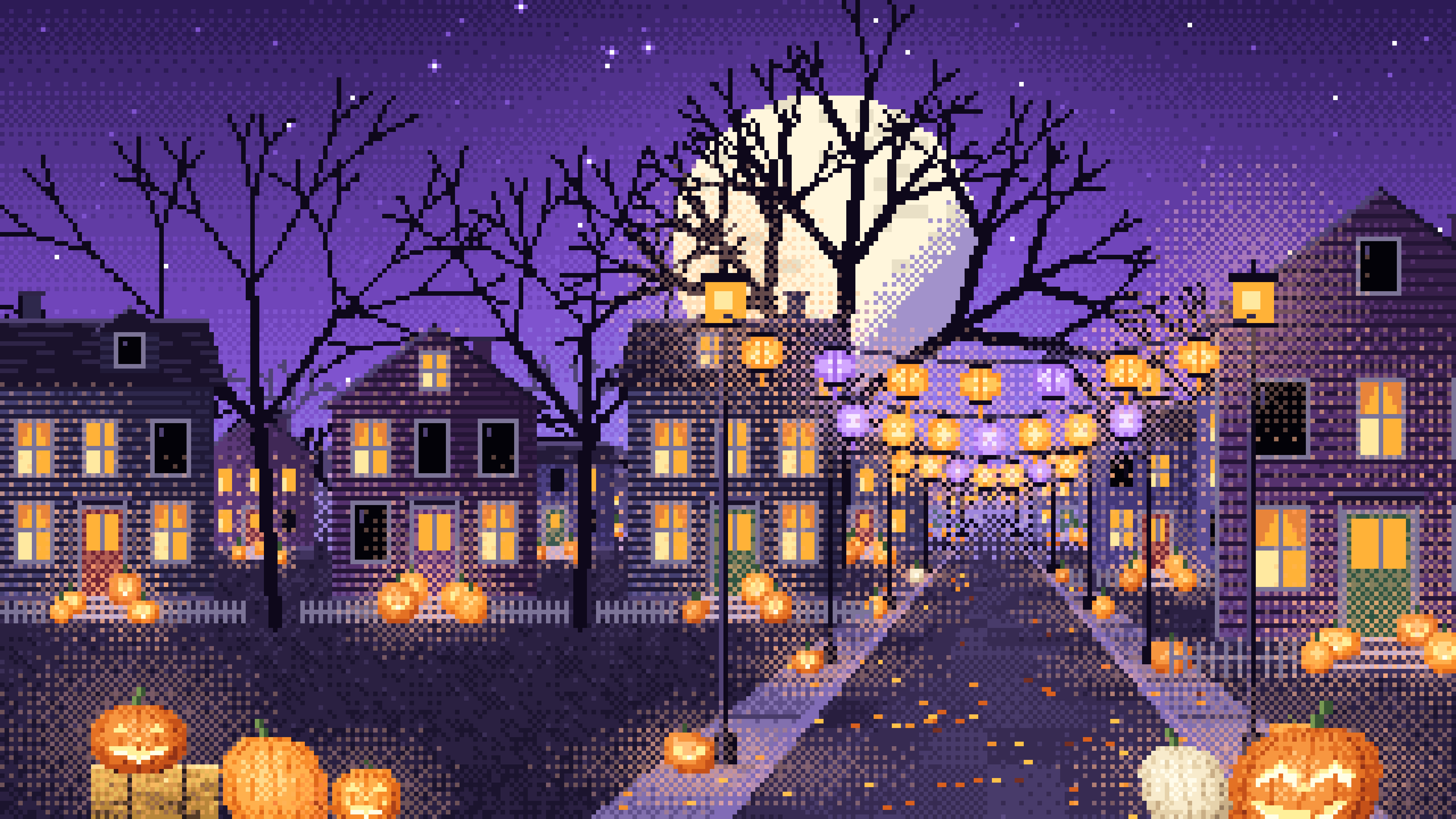 Purple Pixel Art Halloween Town Street at Night desktop wallpaper in 4K