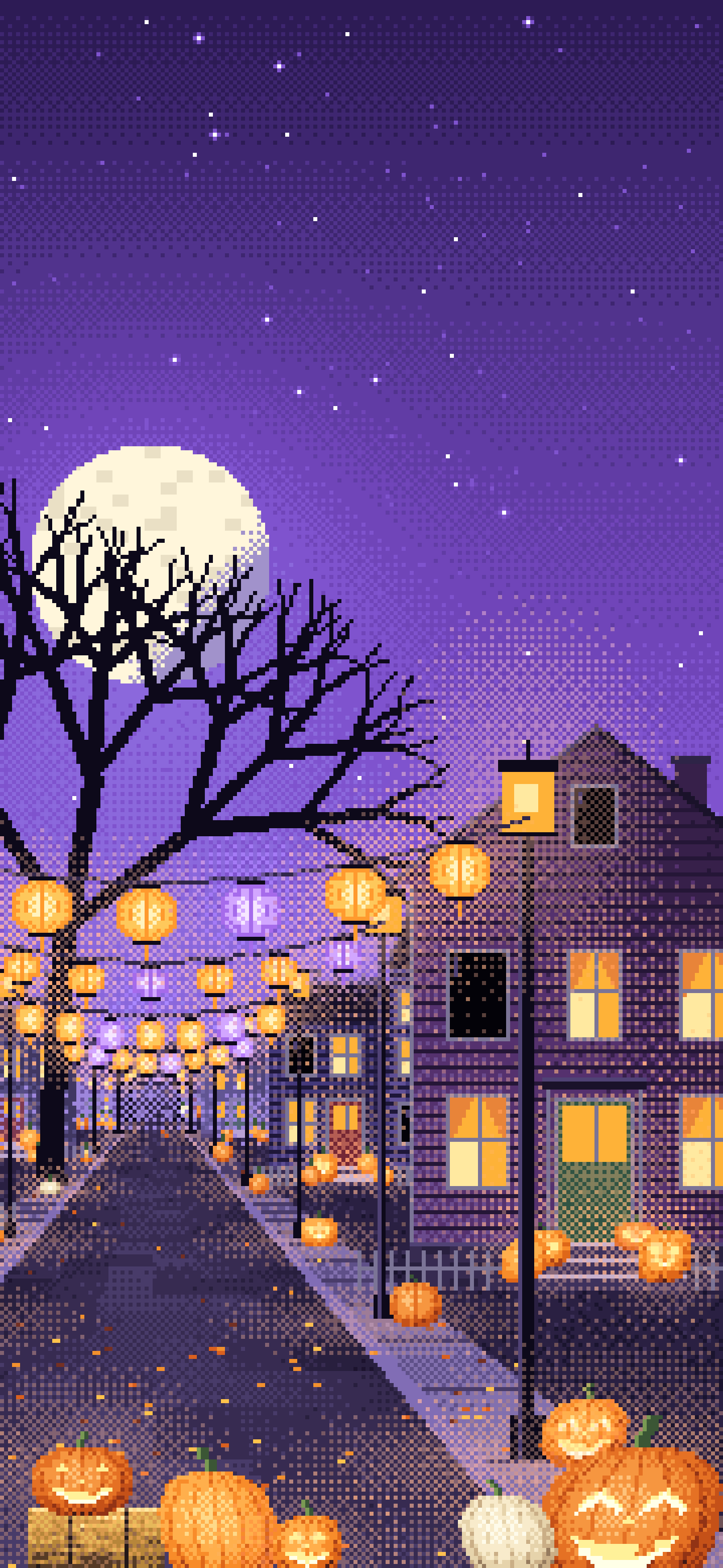 Purple Pixel Art Halloween Town Street at Night wallpaper for iPhone and Android