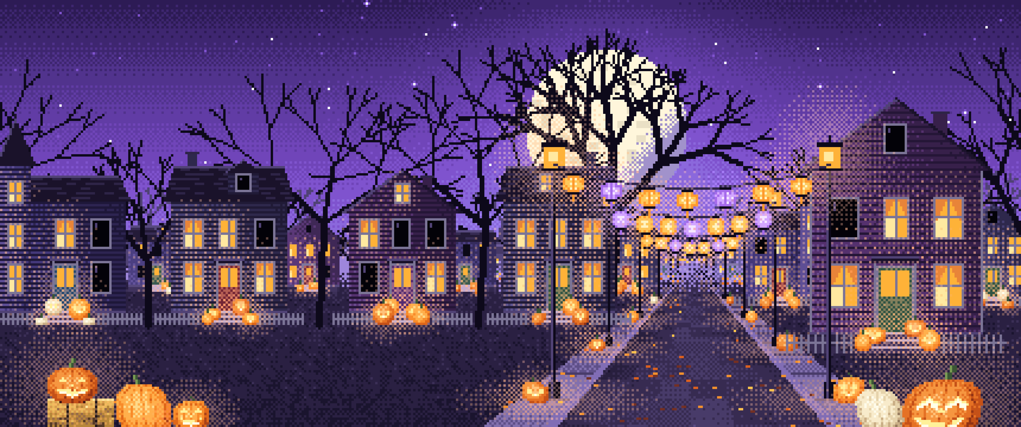 Purple Pixel Art Halloween Town Street at Night ultrawide wallpaper, 3440 × 1440