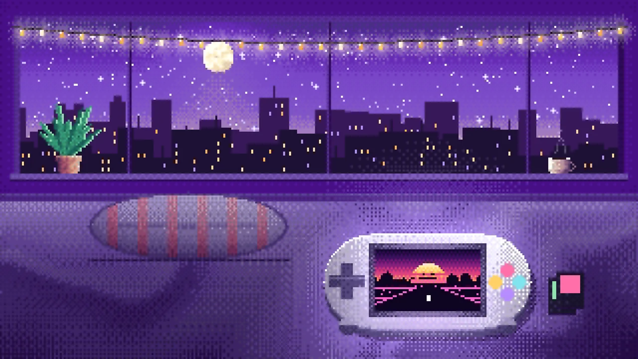 Purple Pixel Art Handheld Game Console desktop wallpaper in 4K