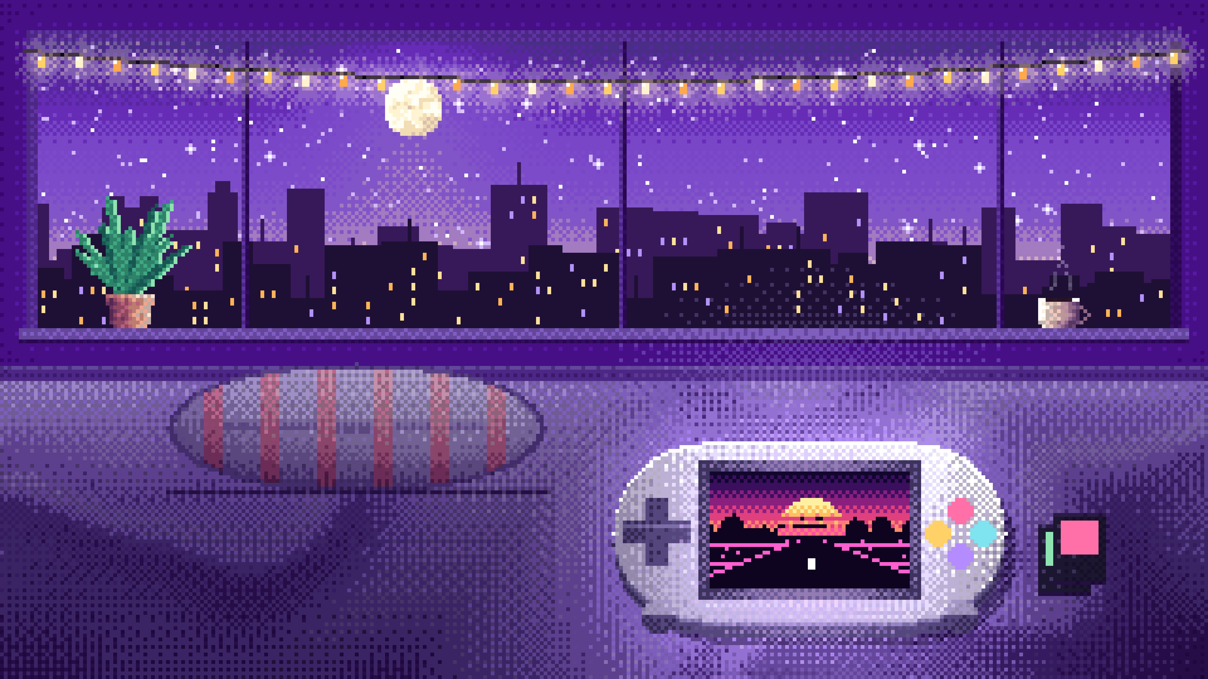 Purple Pixel Art Handheld Game Console desktop wallpaper in 4K