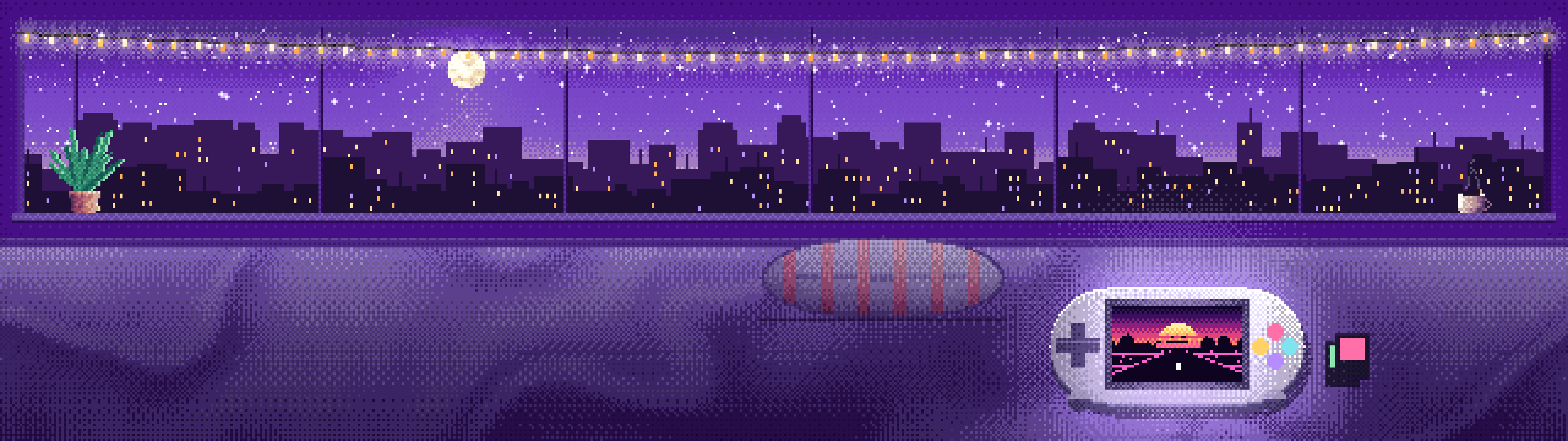 Purple Pixel Art Handheld Game Console dual monitor wallpaper, 7680 × 2160