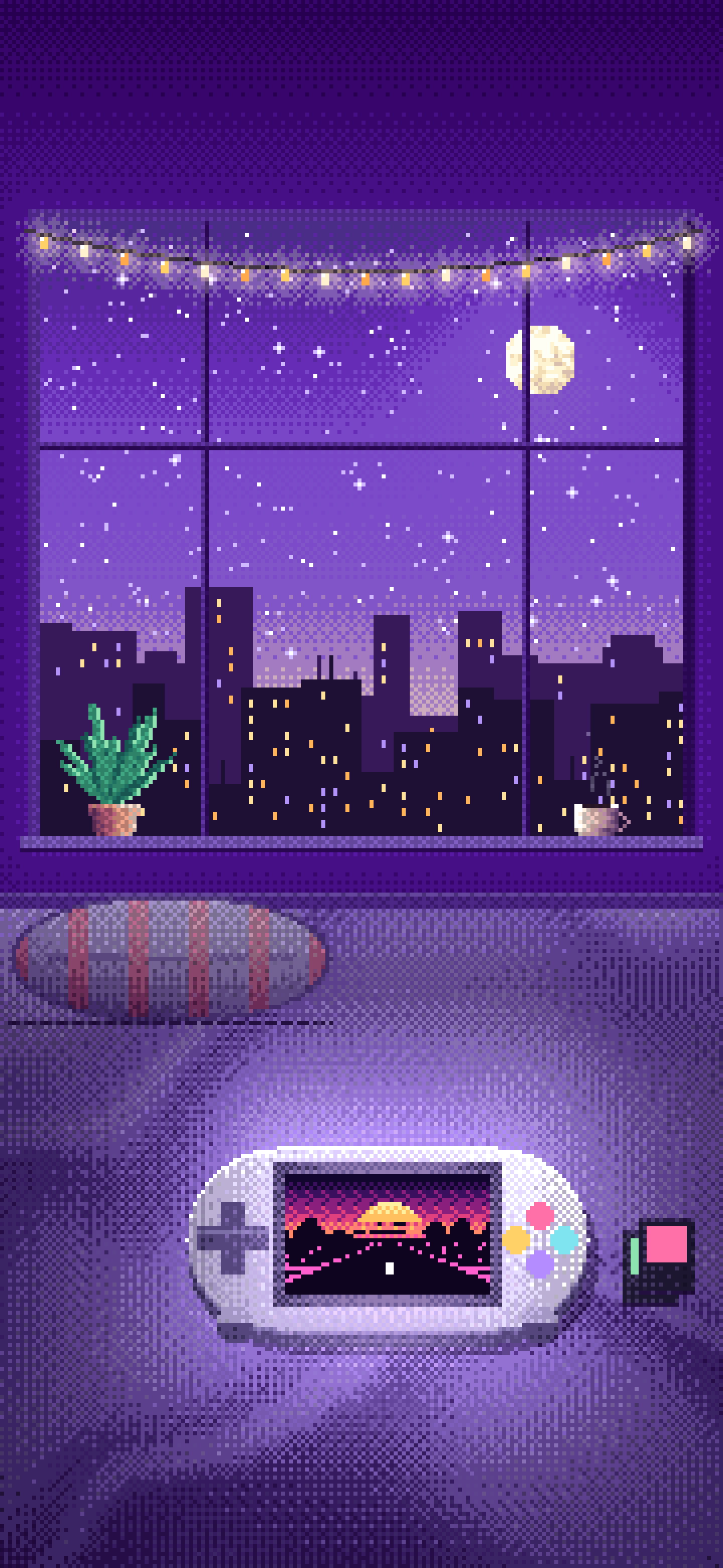 Purple Pixel Art Handheld Game Console wallpaper for iPhone and Android