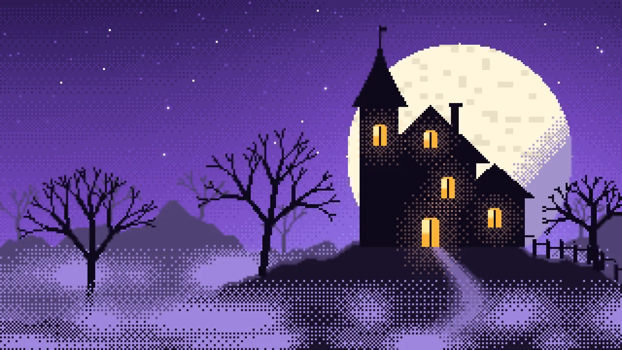 Purple Pixel Art Haunted House desktop wallpaper in 4K