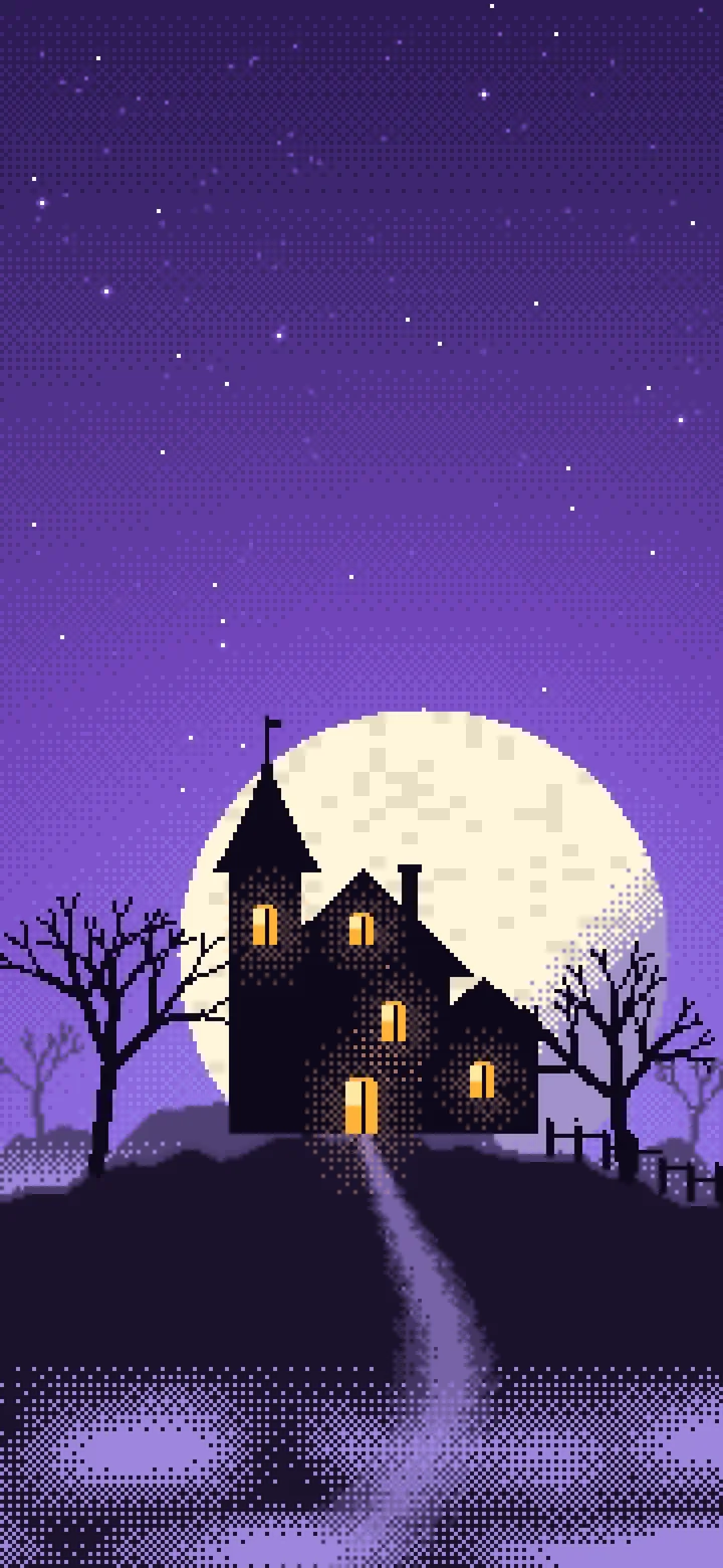 Purple Pixel Art Haunted House wallpaper for iPhone and Android