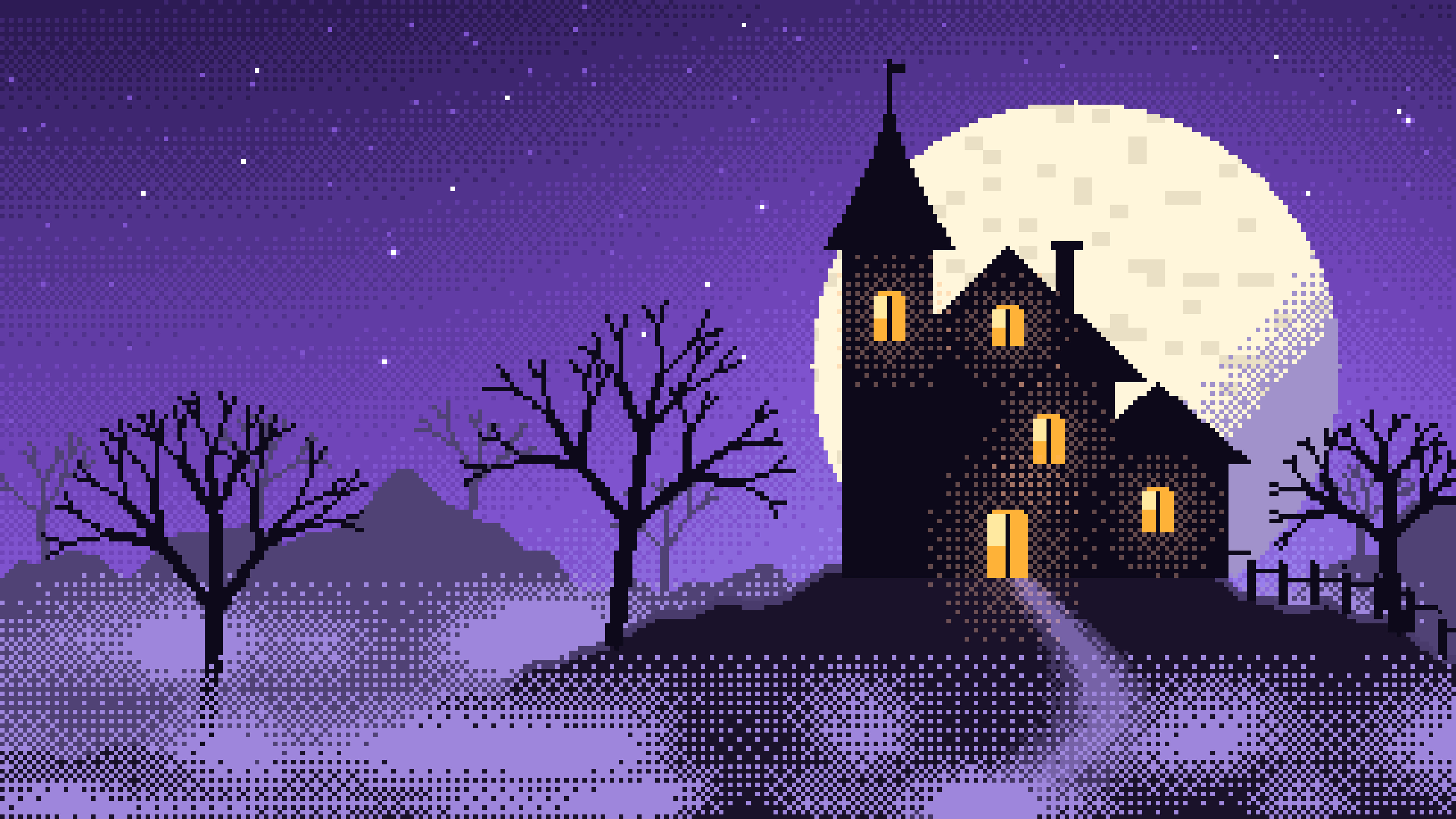 Purple Pixel Art Haunted House desktop wallpaper in 4K
