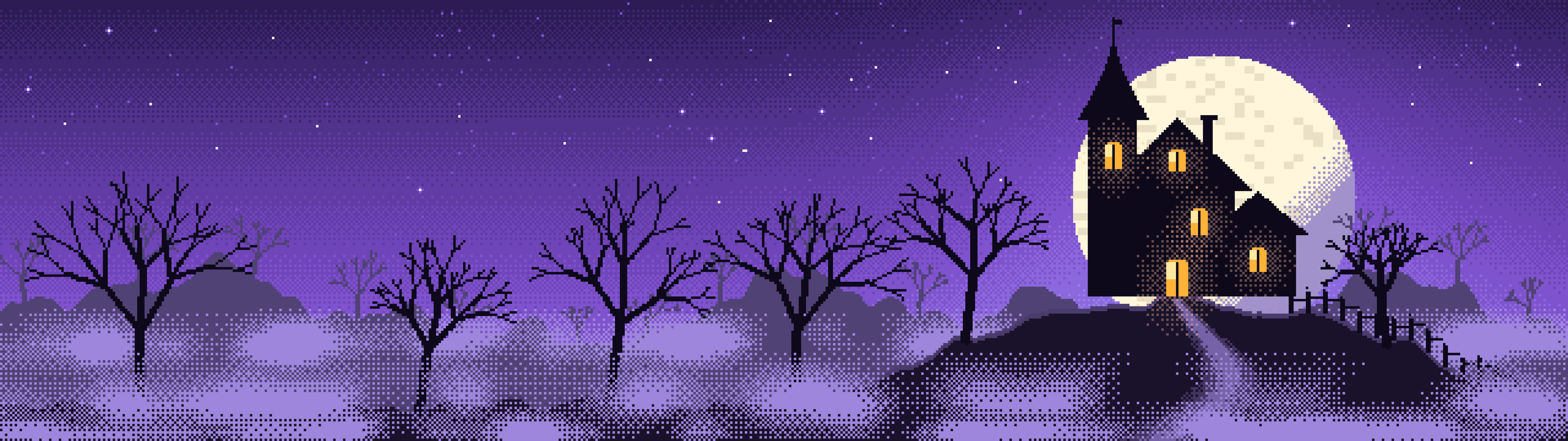Purple Pixel Art Haunted House dual monitor wallpaper, 7680 × 2160