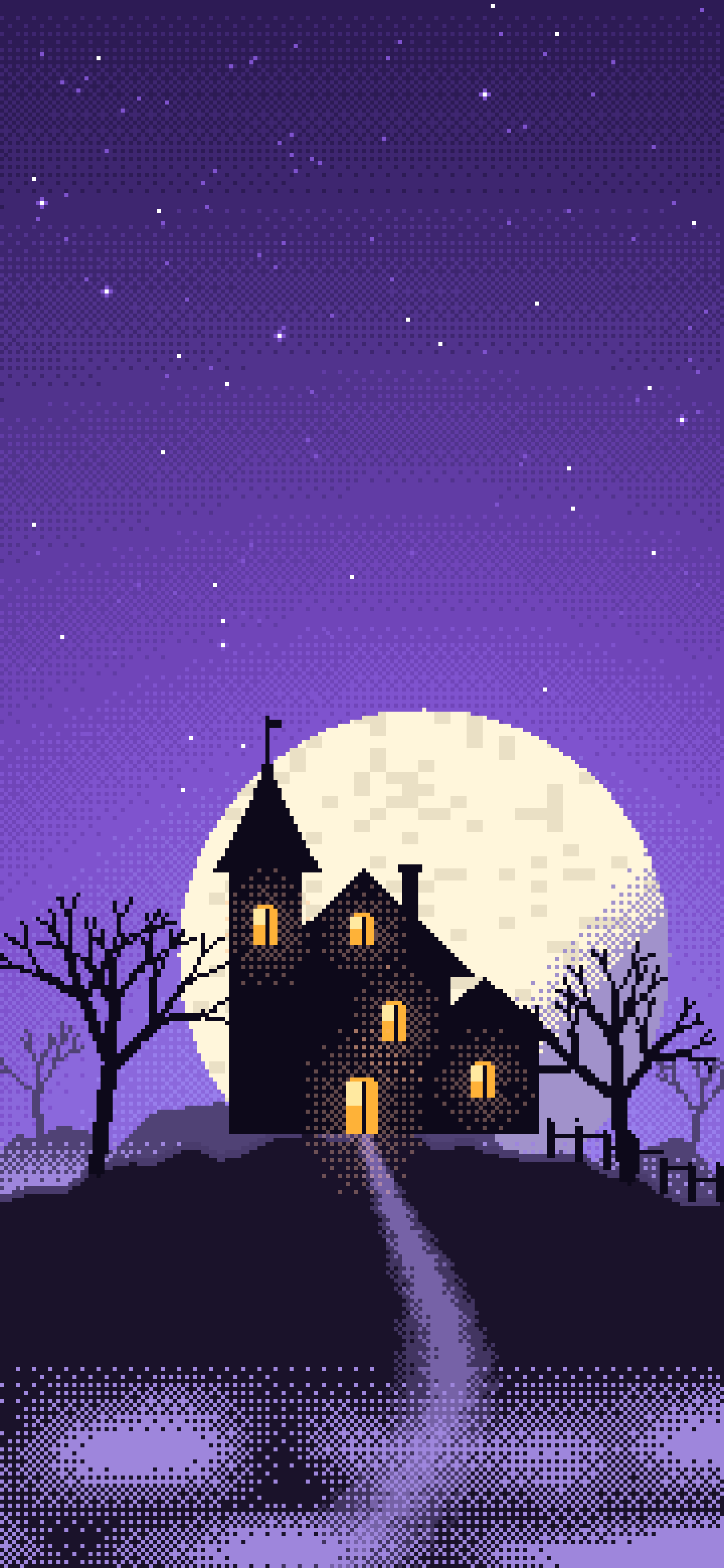 Purple Pixel Art Haunted House wallpaper for iPhone and Android