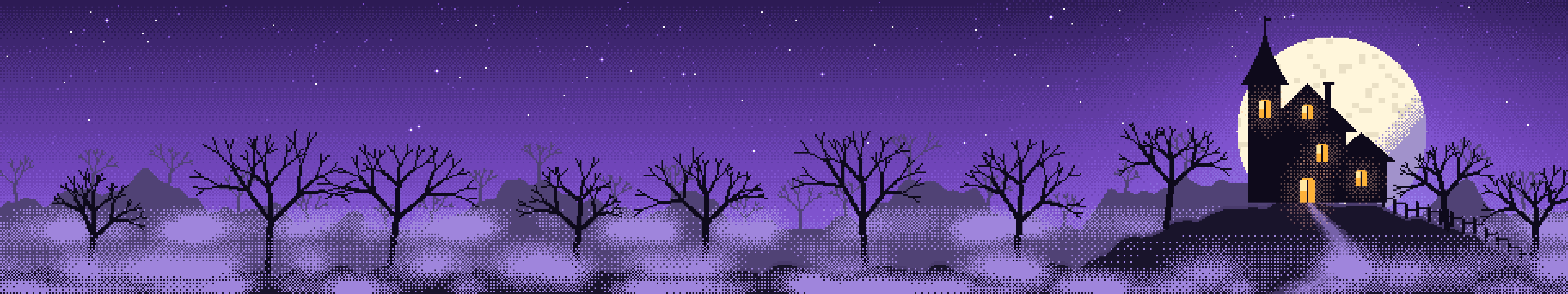 Purple Pixel Art Haunted House triple monitor wallpaper, 7680 × 1440