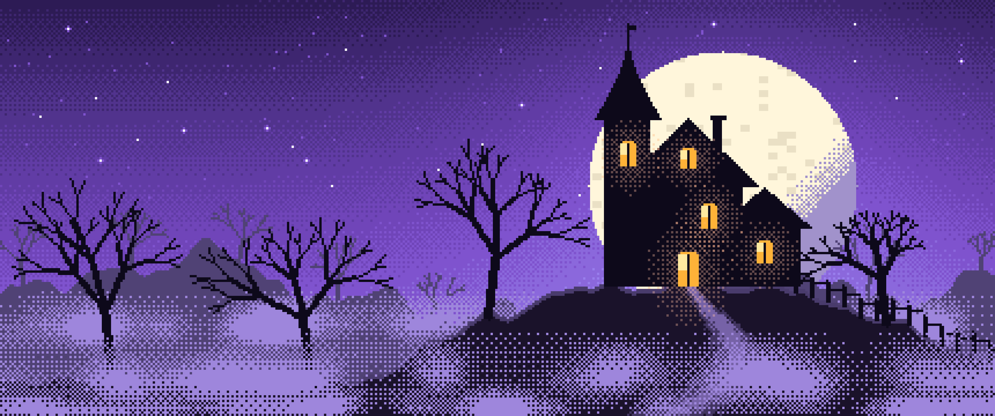 Purple Pixel Art Haunted House ultrawide wallpaper, 3440 × 1440