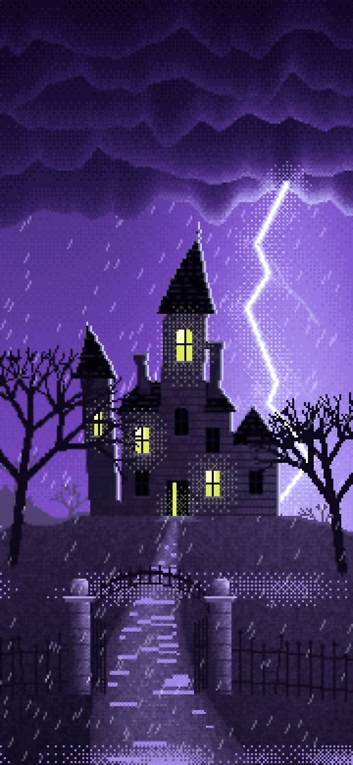 Purple Pixel Art Haunted Mansion in a Lightning Storm wallpaper for iPhone and Android