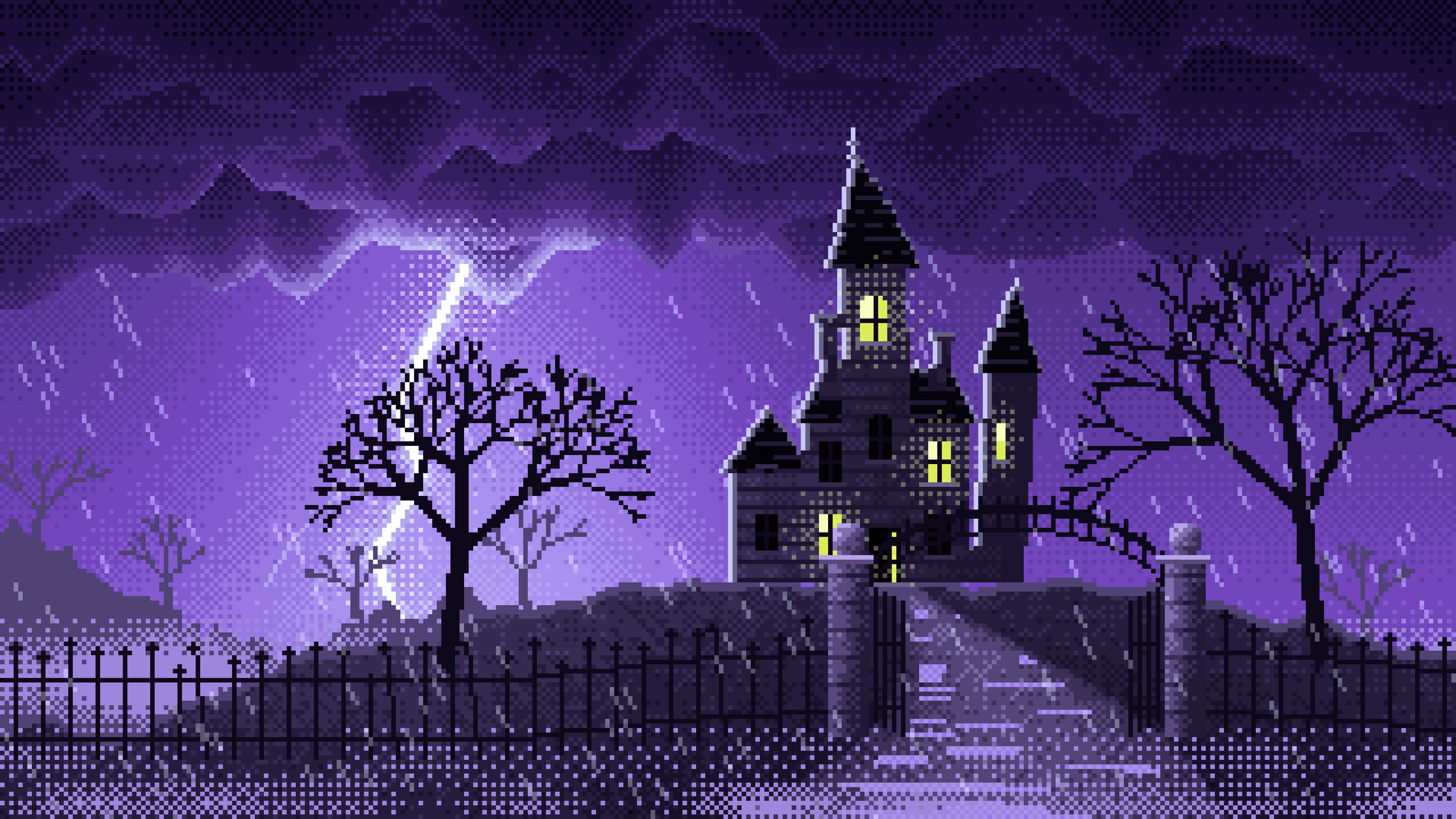 Purple Pixel Art Haunted Mansion in a Lightning Storm desktop wallpaper in 4K