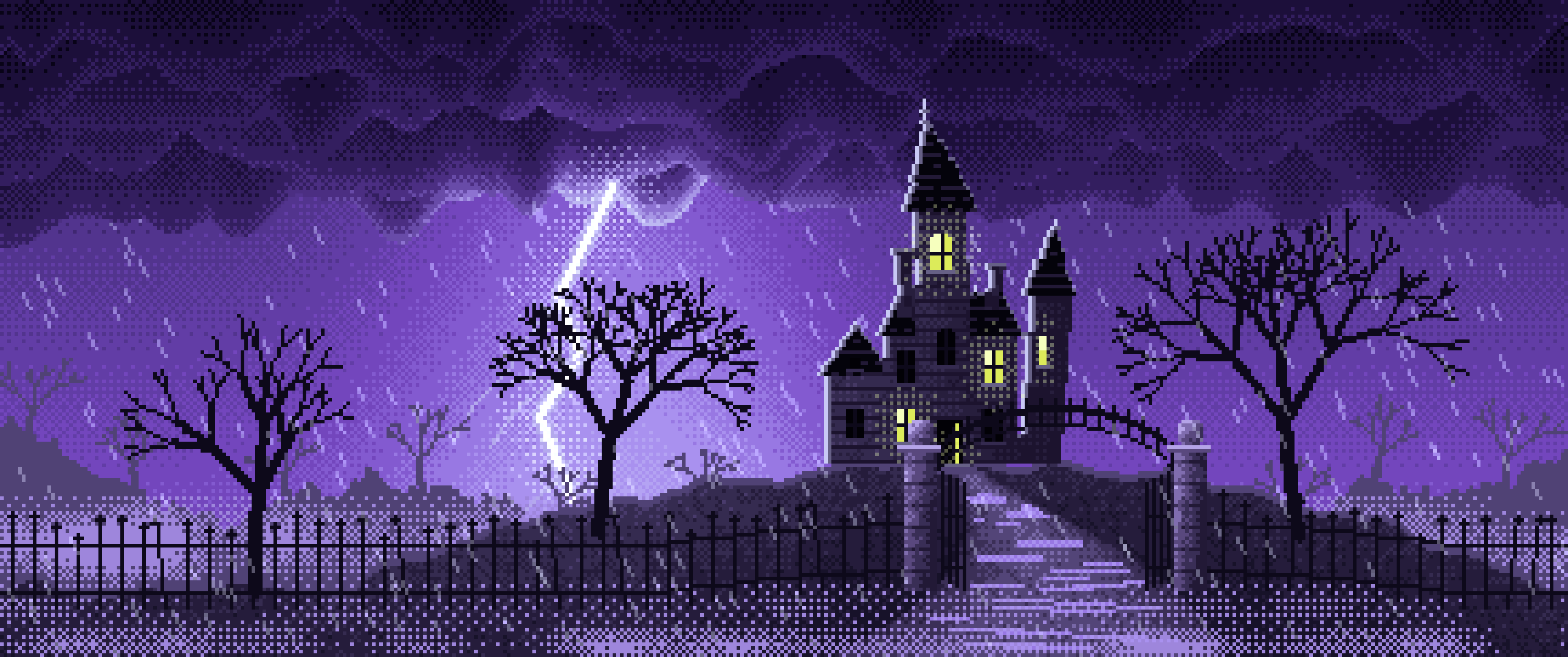 Purple Pixel Art Haunted Mansion in a Lightning Storm ultrawide wallpaper, 3440 × 1440
