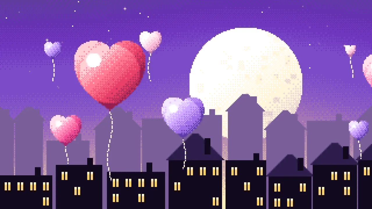 Purple Pixel Art Heart Balloons desktop wallpaper in 4K