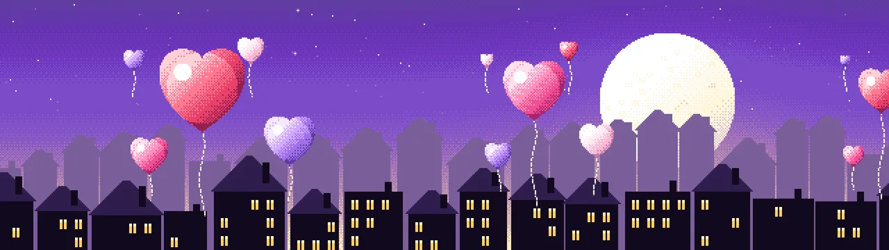 Purple Pixel Art Heart Balloons dual monitor wallpaper, 7680 × 2160