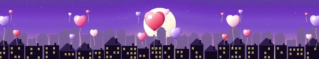 Purple Pixel Art Heart Balloons triple monitor wallpaper, 7680 × 1440